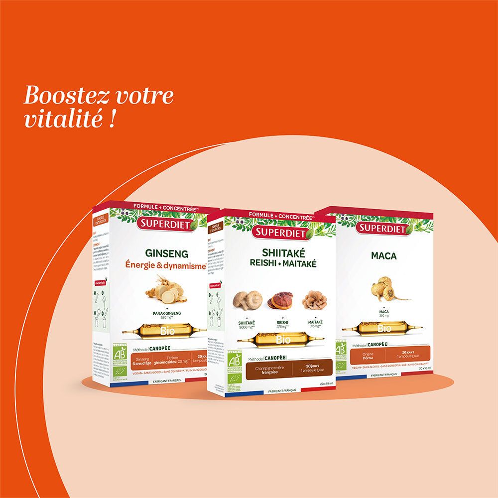 Publicité pour les produits SUPERDIET. Trois emballages de produits : Ginseng, Shiitake Reishi Maitake, Maca.