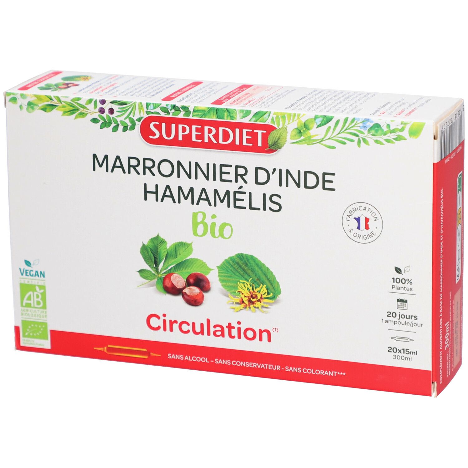 Boîte SUPERDIET avec texte: Marronnier d'Inde Hamamélis Bio, Circulation. Illustrations de plantes et fruits. Labels: Vegan, AB.