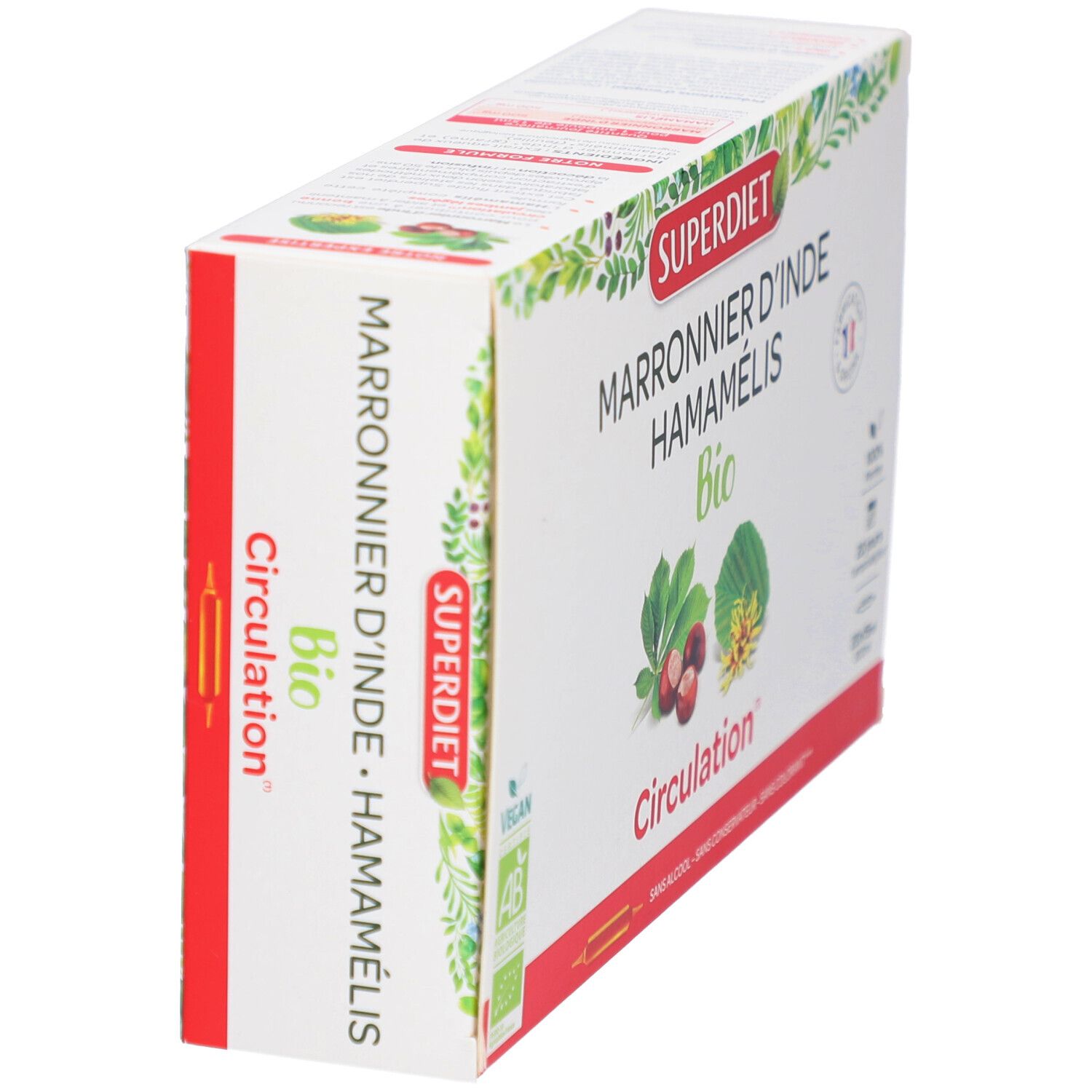 Vue latérale de la boîte. Texte: SUPERDIET, Marronnier d'Inde Hamamélis Bio, Circulation. Label Vegan. Accents rouges.