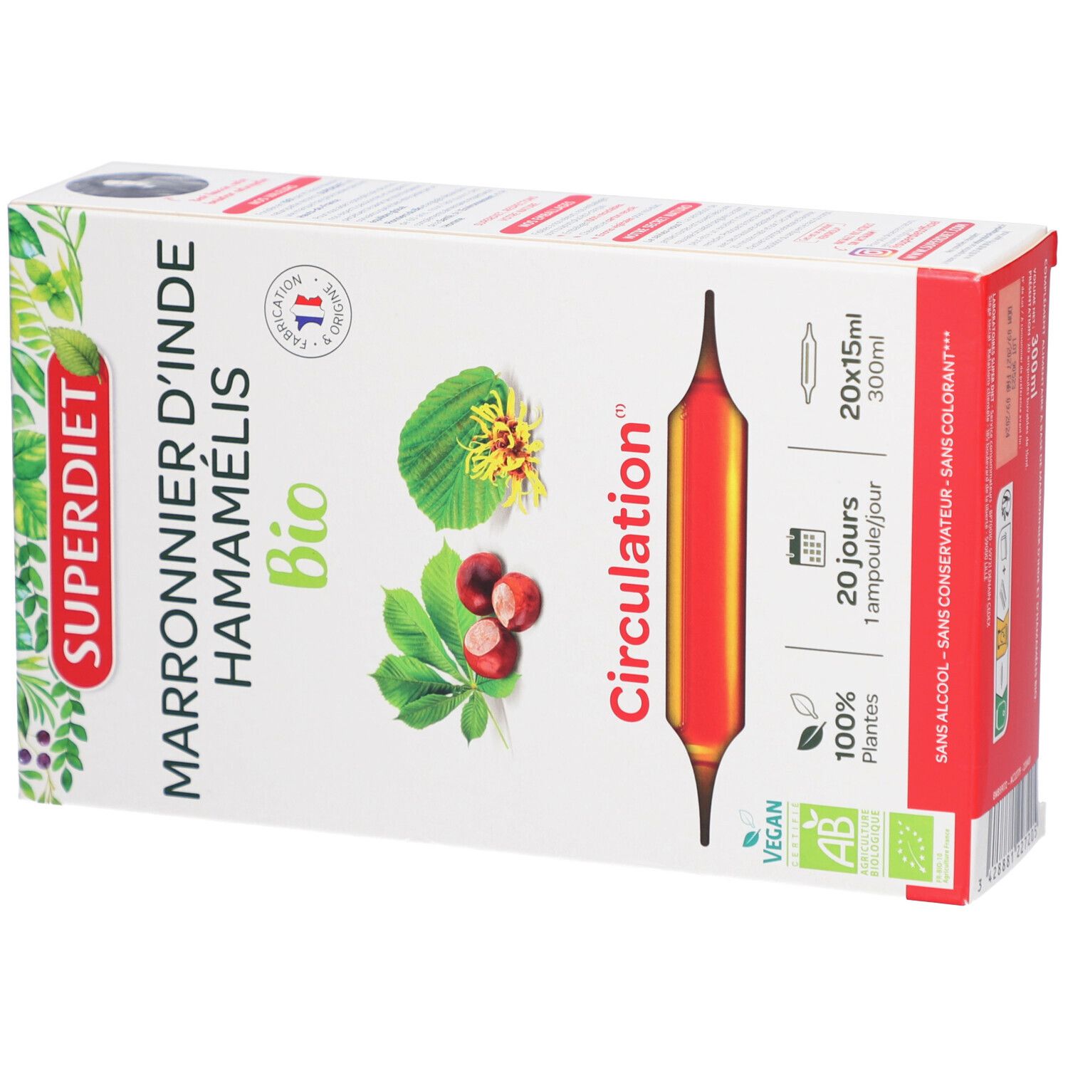 Boîte avec ampoule. Texte: SUPERDIET, Marronnier d'Inde Hamamélis Bio, Circulation. 20x15ml. 100% plantes.