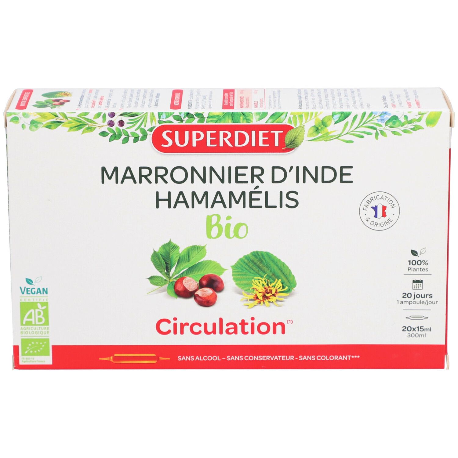 Boîte avec texte: SUPERDIET, Marronnier d'Inde Hamamélis Bio, Circulation. Illustrations de plantes et fruits. Labels.