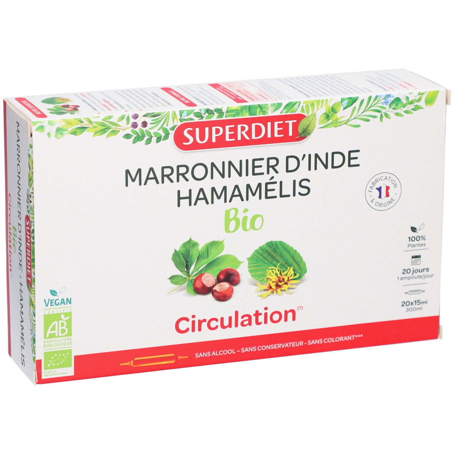 Boîte avec texte: SUPERDIET, Marronnier d'Inde Hamamélis Bio, Circulation. Illustrations de plantes et fruits.