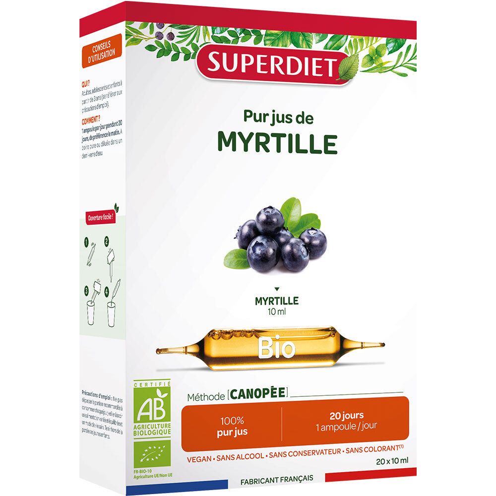 SUPERDIET Myrtille Bio Ampoule. Boîte avec image produit, myrtilles et ampoule. Texte : Pur jus de Myrtille, 10 ml.