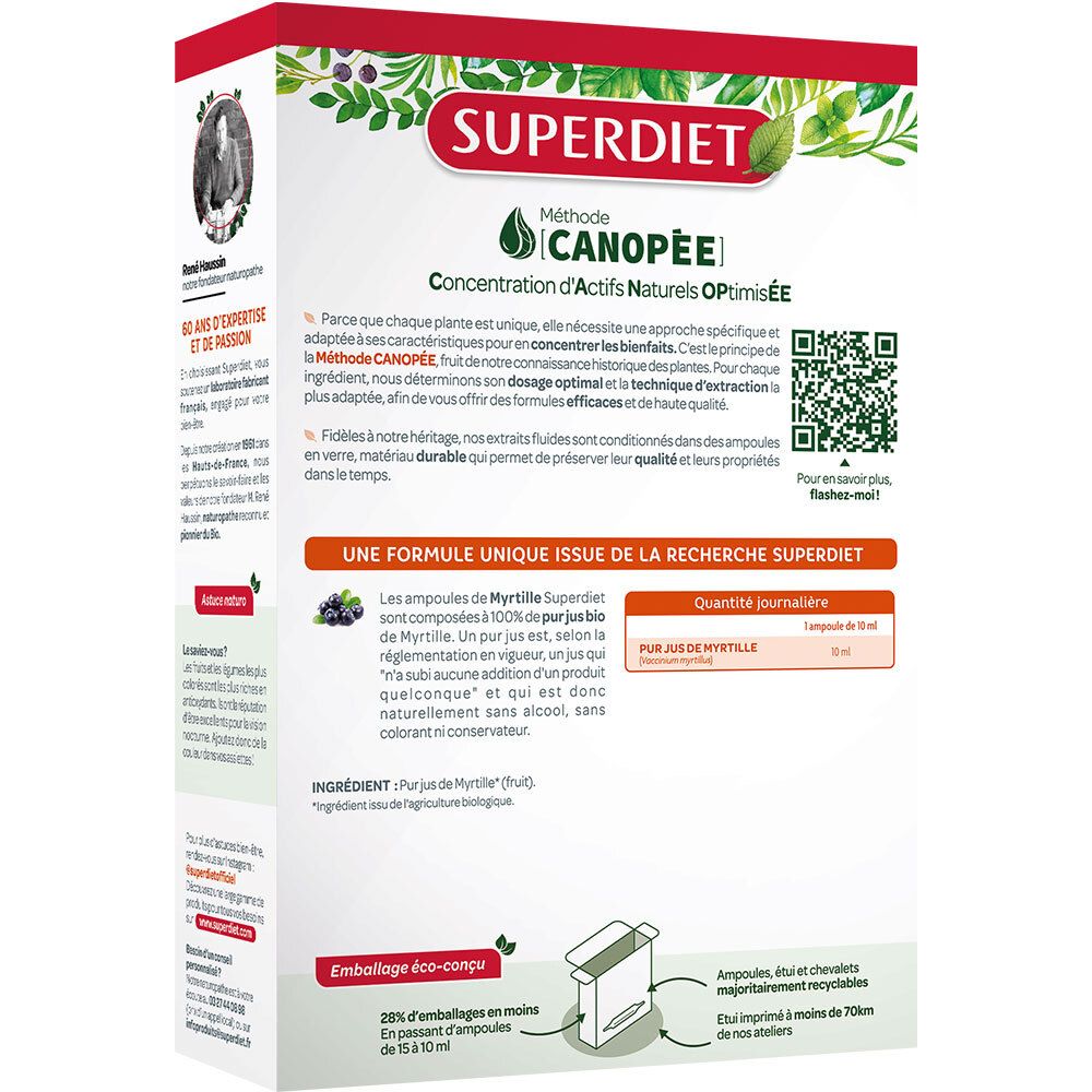 Dos de l'ampoule SUPERDIET Myrtille Bio. Texte : Méthode CANOPÉE, concentration d'actifs naturels. Code QR, ingrédients.