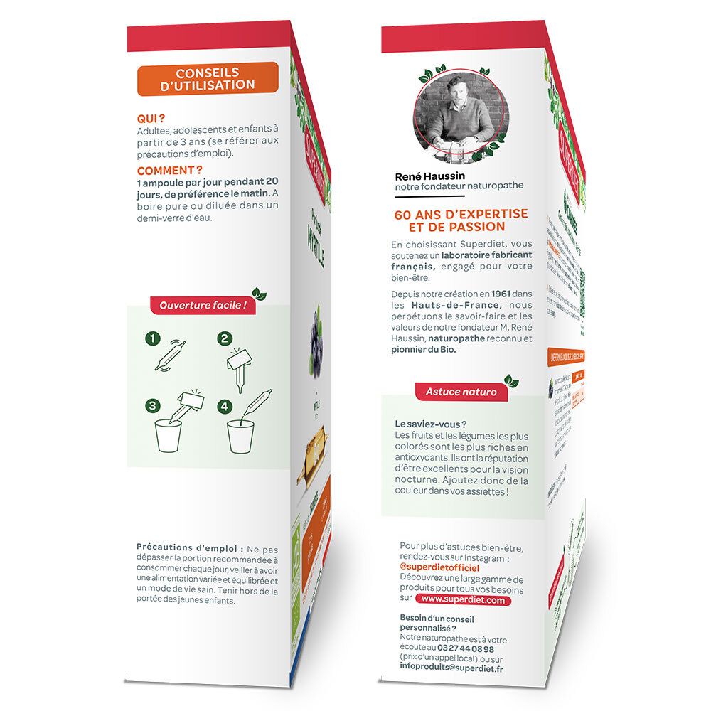 Côtés de l'ampoule SUPERDIET Myrtille Bio. Texte : Conseils d'utilisation, René Haussin, 60 ans d'expérience. Illustrations.