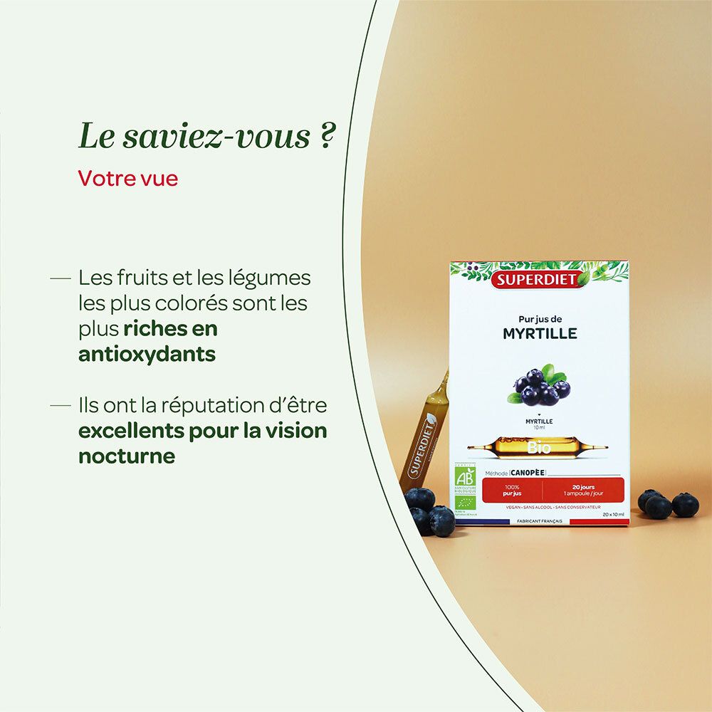 SUPERDIET Myrtille Bio Ampoule. Texte : Le saviez-vous ? Votre vue. Myrtilles et ampoule.