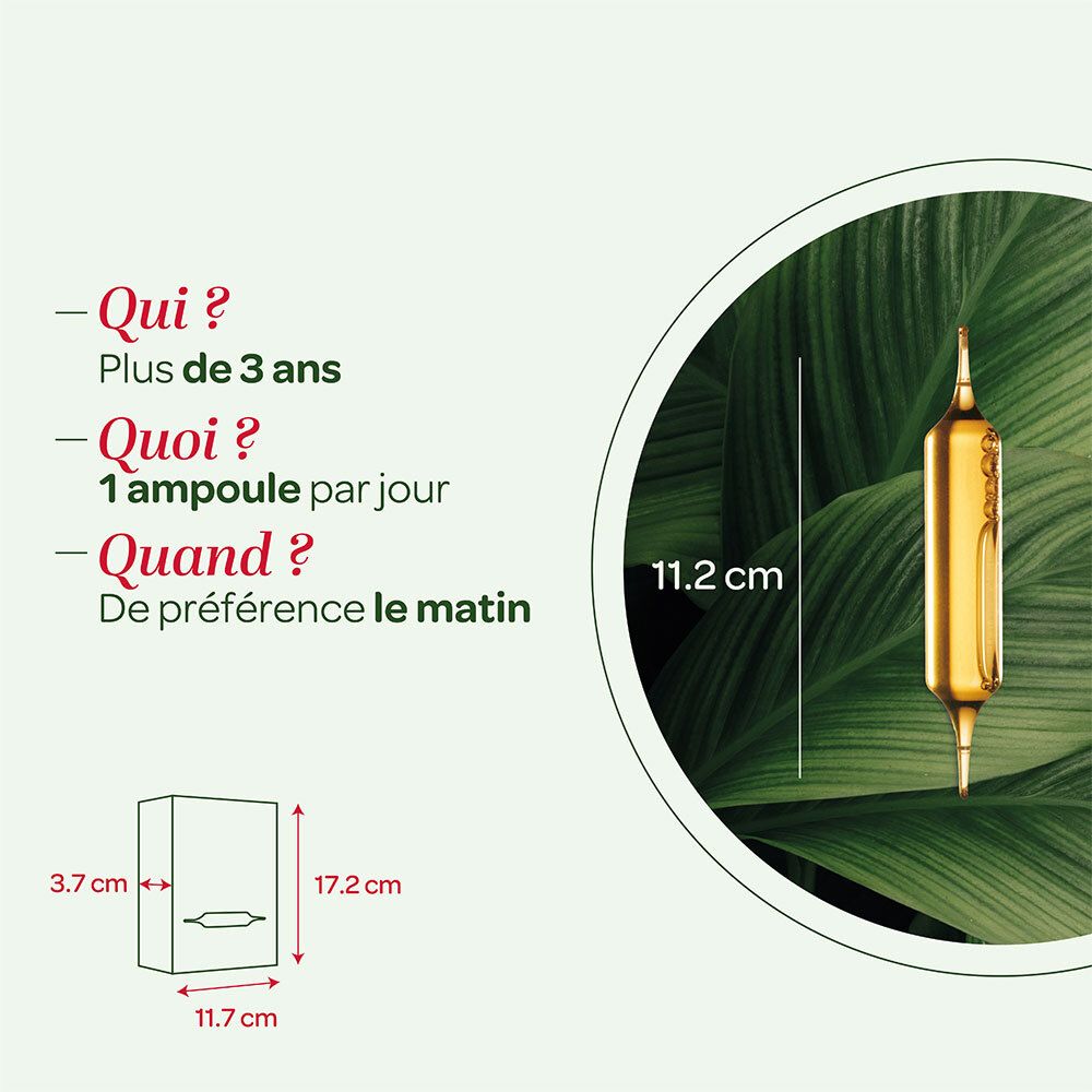 Dimensions de l'ampoule SUPERDIET Myrtille Bio. Texte : Qui ? Plus de 3 ans. Quoi ? 1 ampoule par jour. Quand ? De préférence le matin.