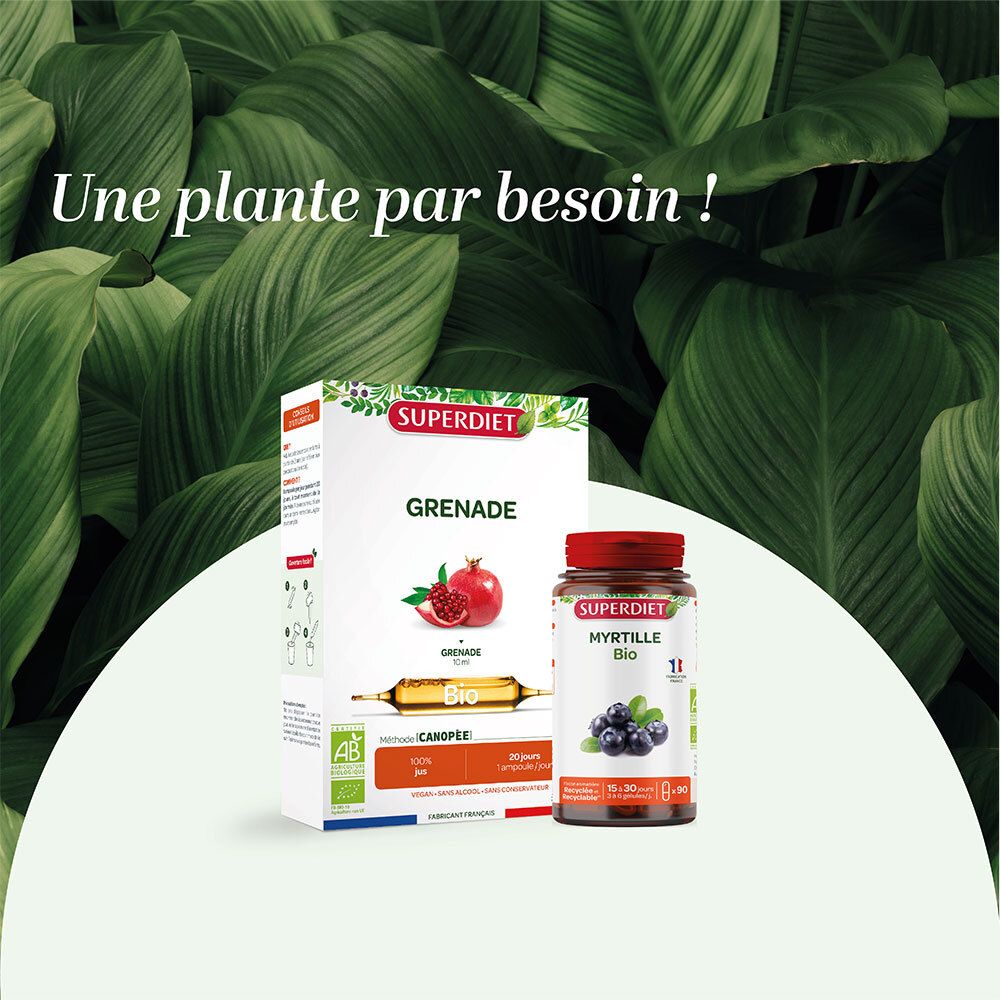 Produits SUPERDIET. Ampoule Myrtille Bio et grenade. Texte : Une plante par besoin !