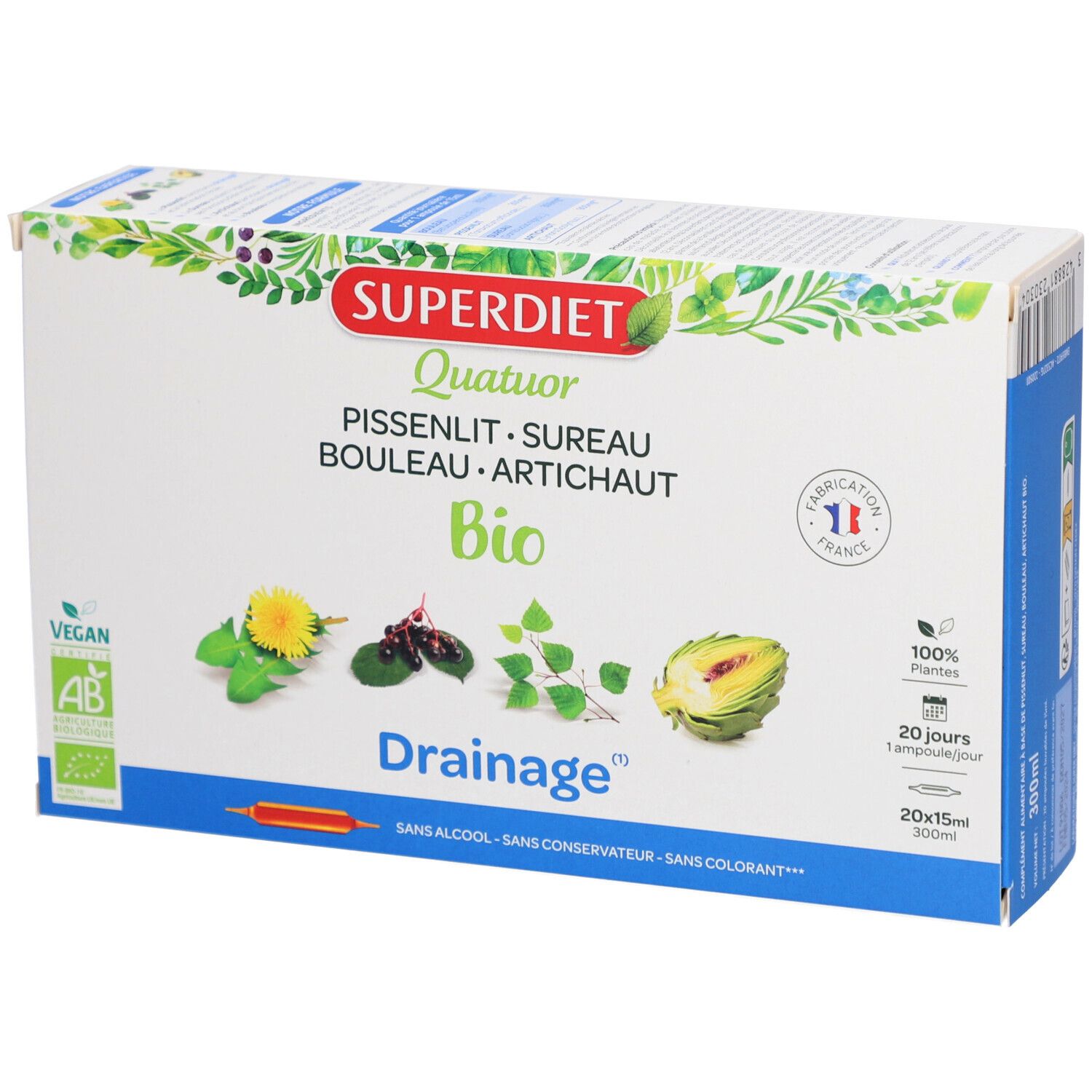 Boîte Superdiet Quatuor Drainage Bio. Ingrédients végétaux illustrés. Label Vegan et mentions. Fabrication France.