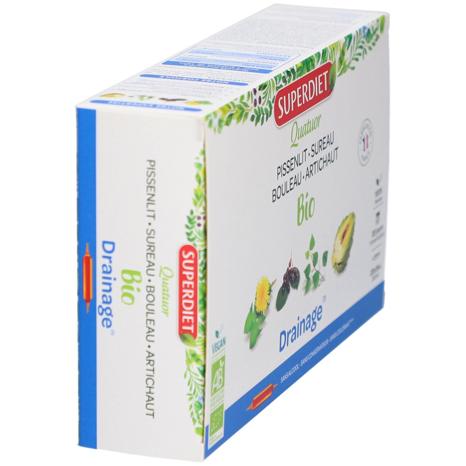 Vue oblique de la boîte Superdiet Quatuor Drainage Bio. Ingrédients végétaux et logo Vegan.