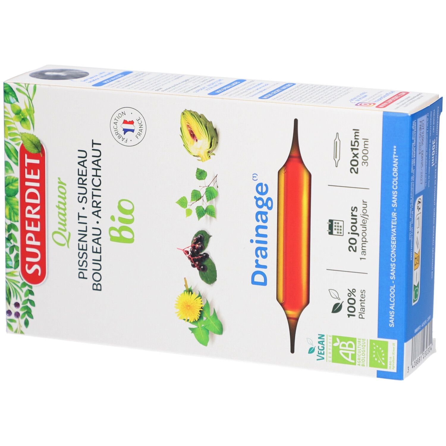 Boîte Superdiet Quatuor Drainage Bio. Illustration d'ampoules. Ingrédients végétaux et logo Vegan.