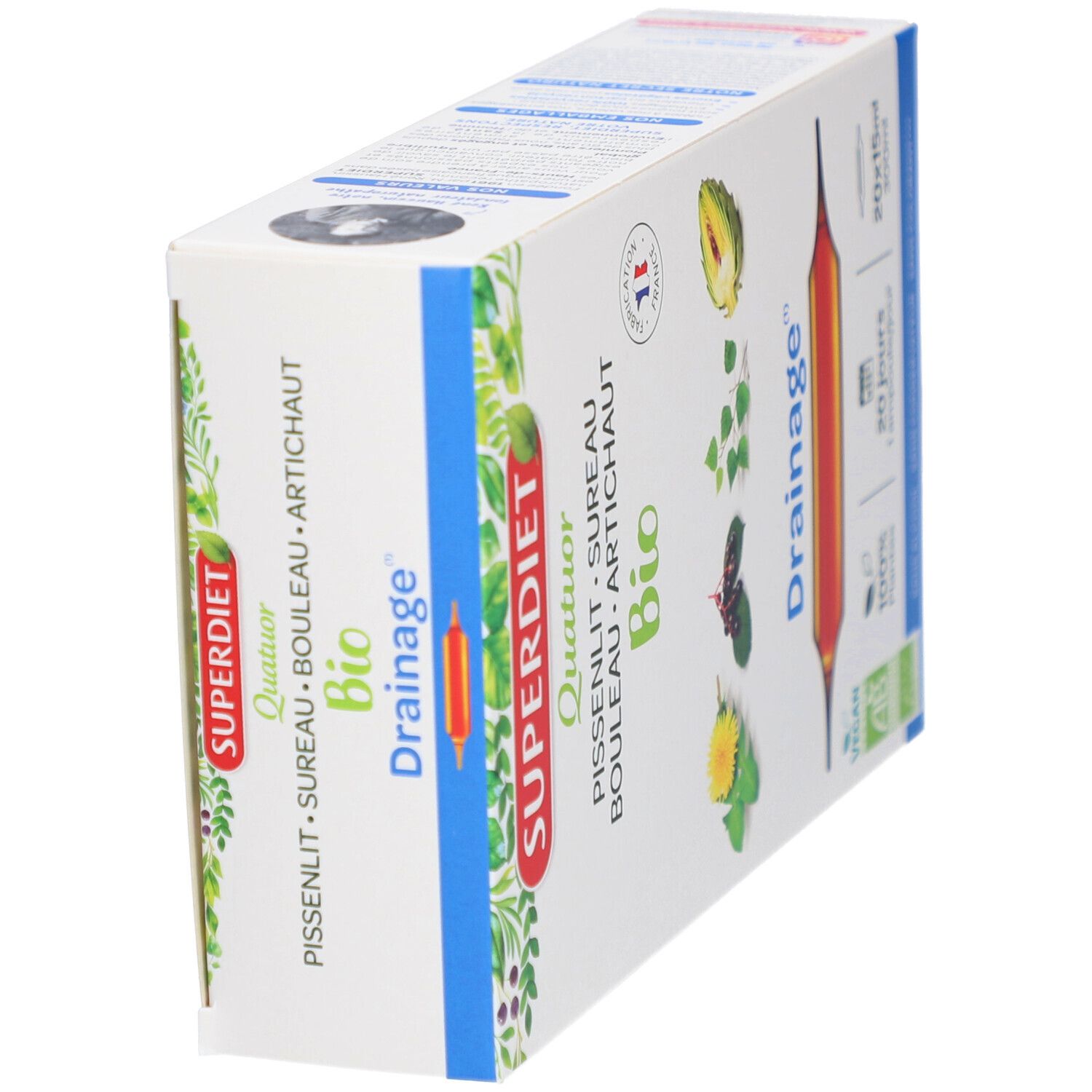 Vue oblique de la boîte Superdiet Quatuor Drainage Bio. Ingrédients végétaux et logo Vegan.