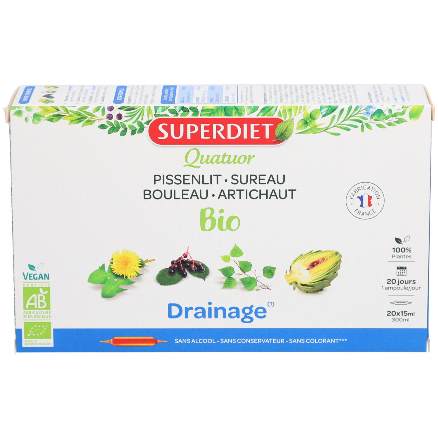 Boîte Superdiet Quatuor Drainage Bio. Ingrédients végétaux illustrés. Label Vegan et mentions. Fabrication France.