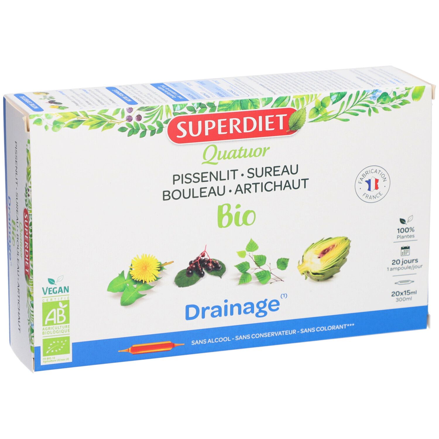 Boîte Superdiet Quatuor Drainage Bio. Ingrédients végétaux illustrés. Label Vegan et mentions. Fabrication France.