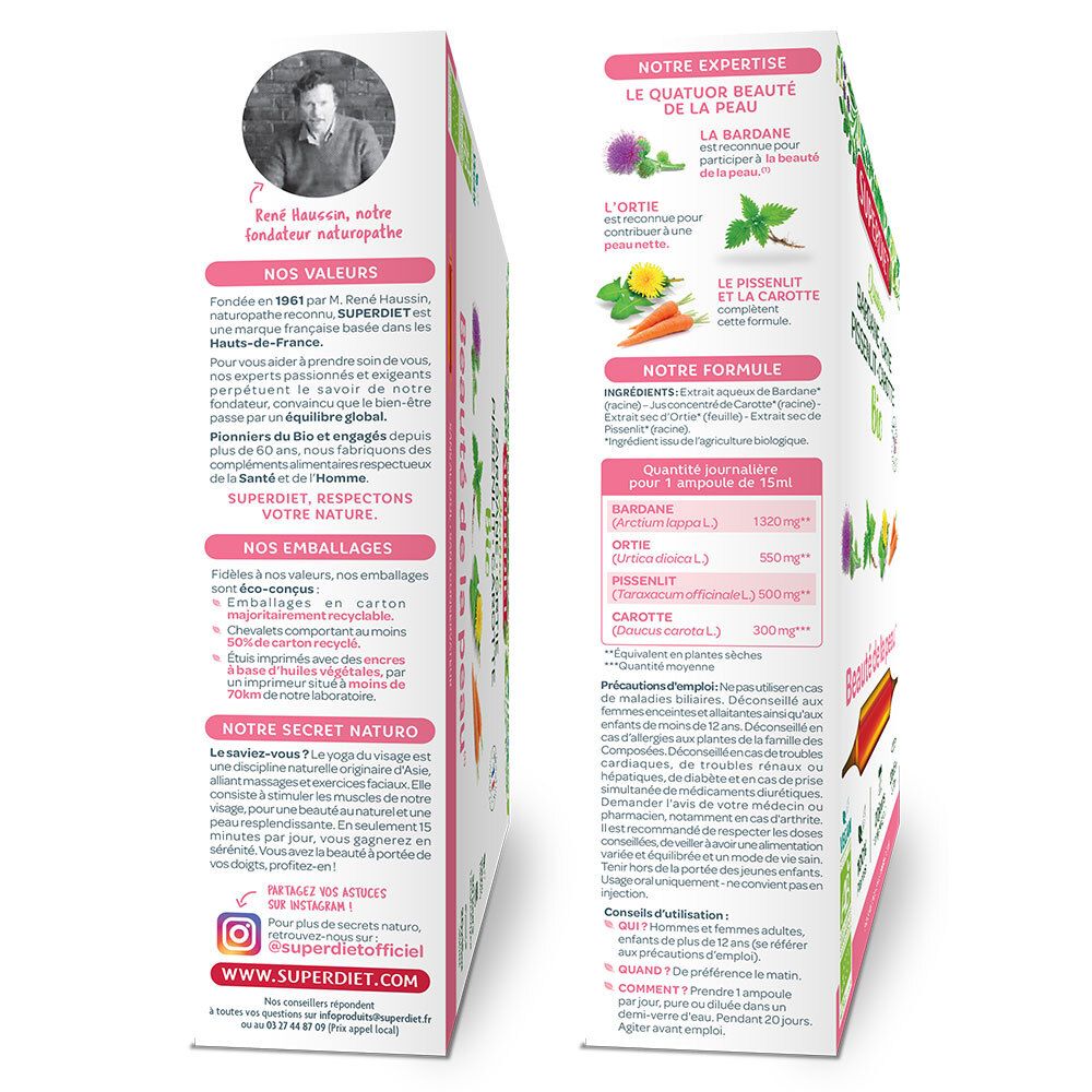Dos de la boîte SUPERDIET Quatuor Bio Beauté de la peau Ampoule. Texte et informations produit.