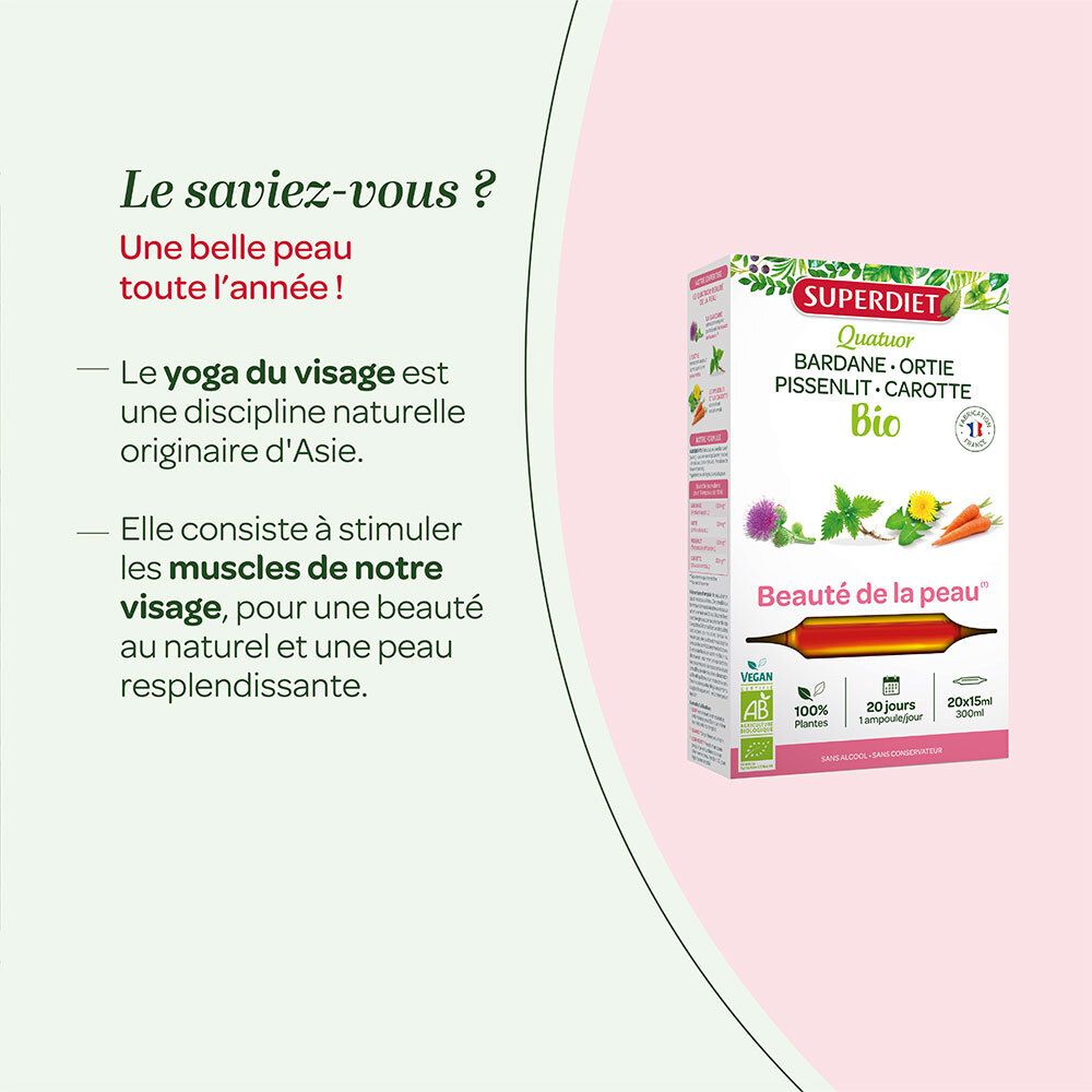 Boîte SUPERDIET Quatuor Bio Beauté de la peau Ampoule. Image du produit et texte.
