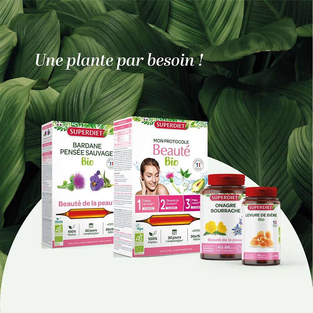 Divers produits SUPERDIET, dont Quatuor Bio Beauté de la peau Ampoule.