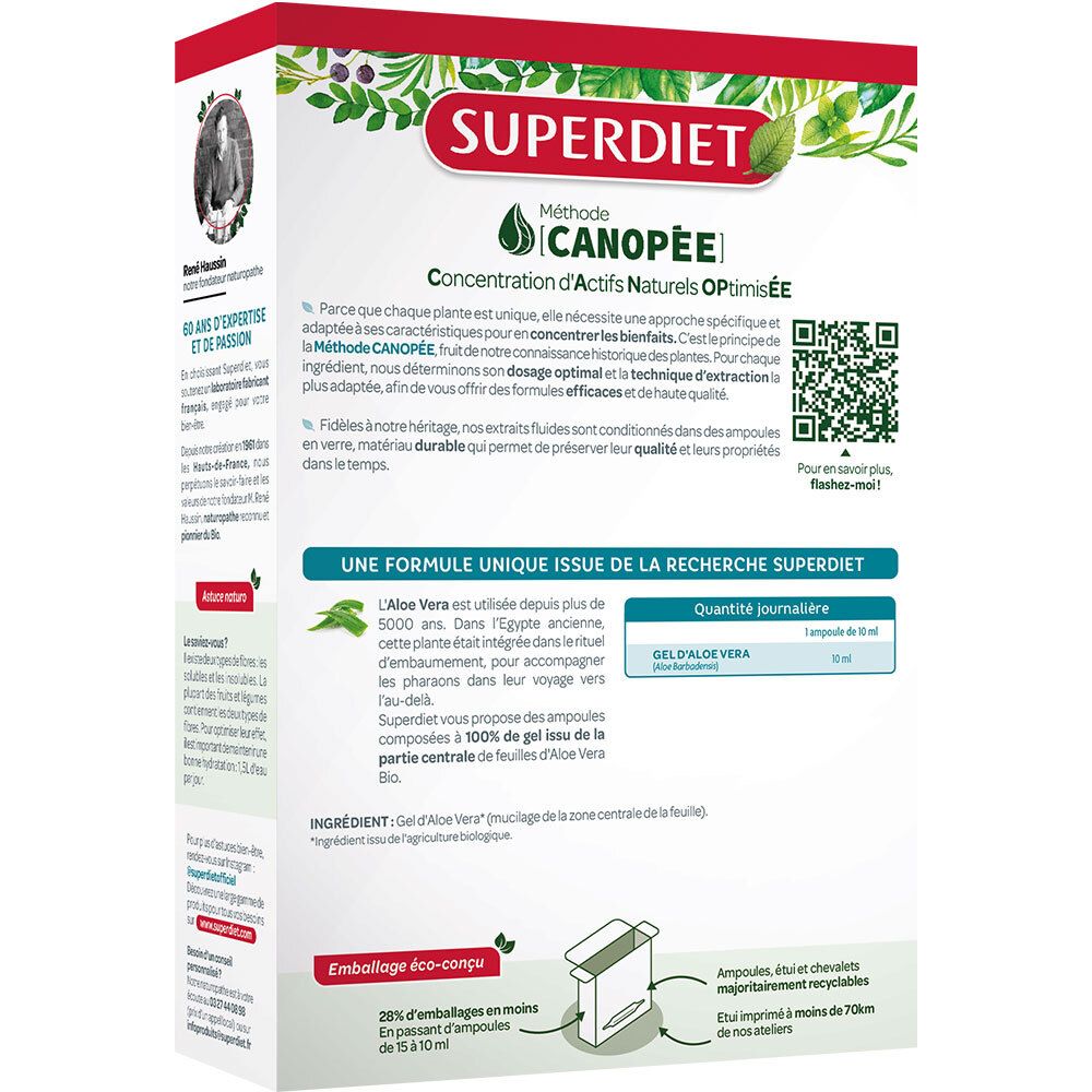 Dos de l'emballage du gel d'aloe vera Superdiet Bio. Contient des informations sur les ingrédients et l'emballage écologique.