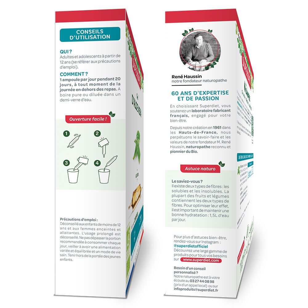 Vue latérale de l'emballage du gel d'aloe vera Superdiet Bio. Contient des conseils d'utilisation et des informations sur l'ouverture facile.