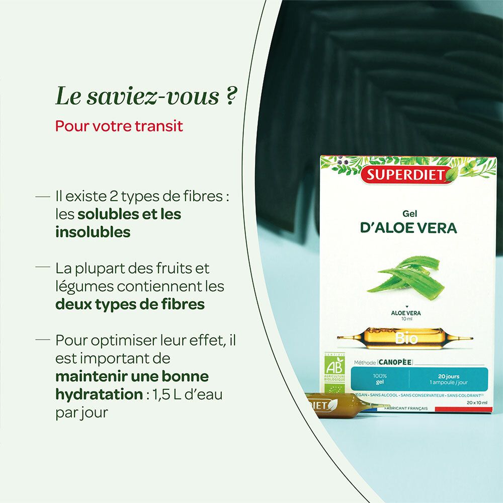 Emballage de gel d'aloe vera Superdiet Bio à côté d'informations sur le produit. Contient des informations sur les fibres et l'hydratation.