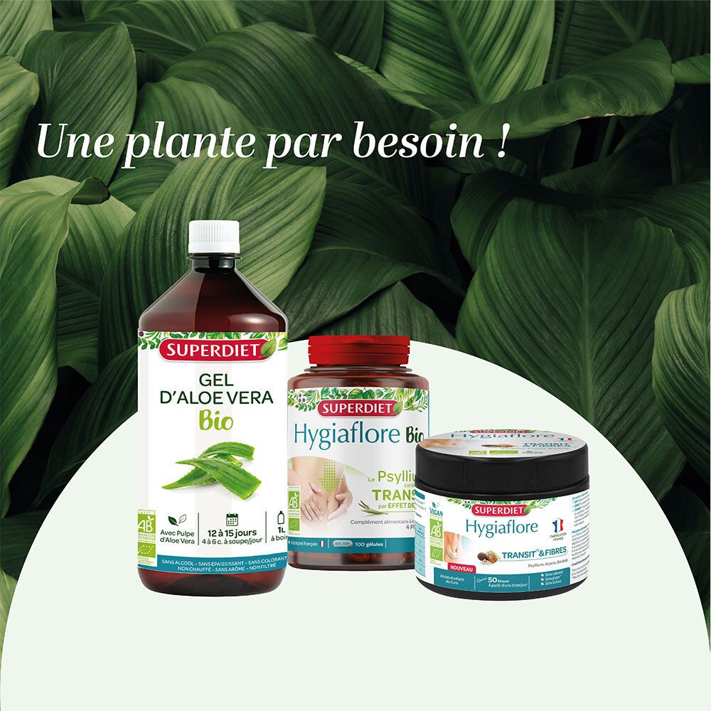 Trois produits Superdiet : Gel d'Aloe Vera, Hygiaflore Bio et Hygiaflore Bio Transit. Tous en emballage.