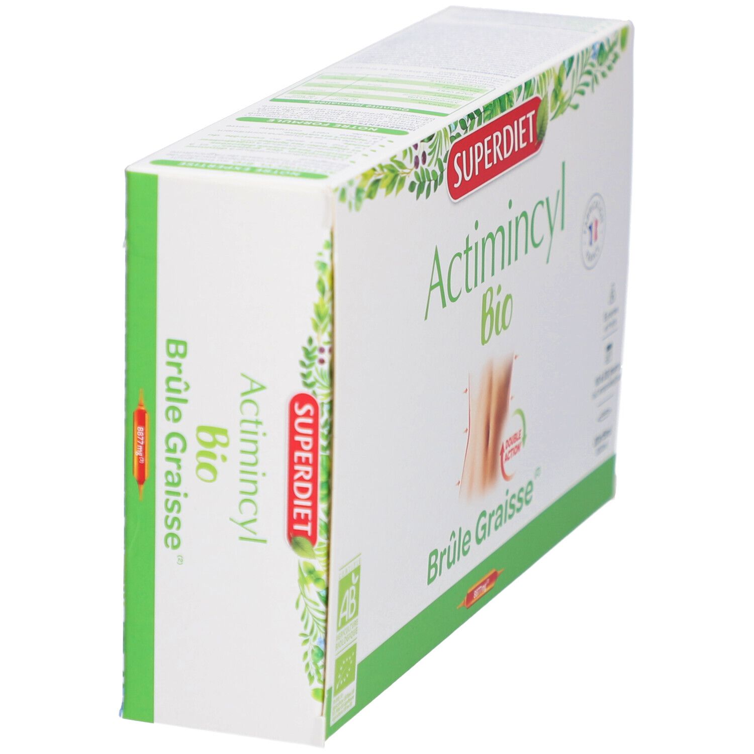 Boîte ACTIMINCYL BIO, vue latérale. Inscriptions: SUPERDIET, Actimincyl Bio, Brûle Graisse. Avec label bio.