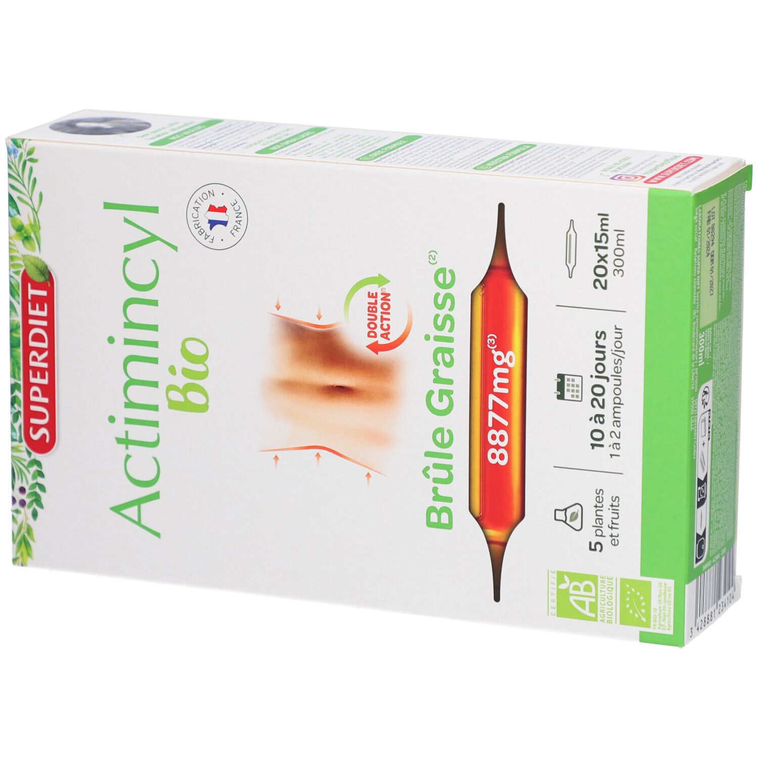 Boîte ACTIMINCYL BIO avec ampoule. Inscriptions: SUPERDIET, Actimincyl Bio, Brûle Graisse. Label bio et drapeau français.