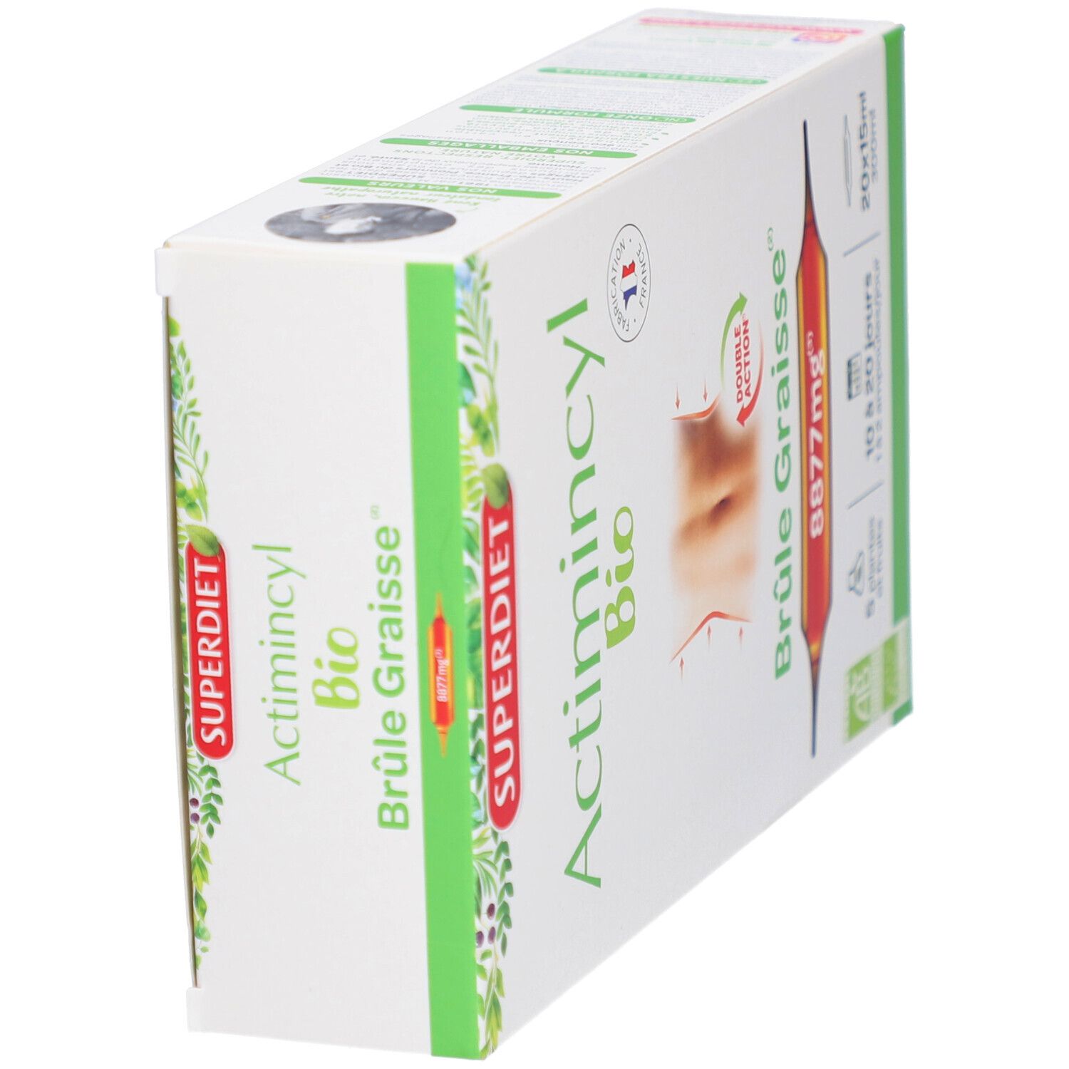 Boîte ACTIMINCYL BIO, vue latérale. Inscriptions: SUPERDIET, Actimincyl Bio, Brûle Graisse. Avec label bio.