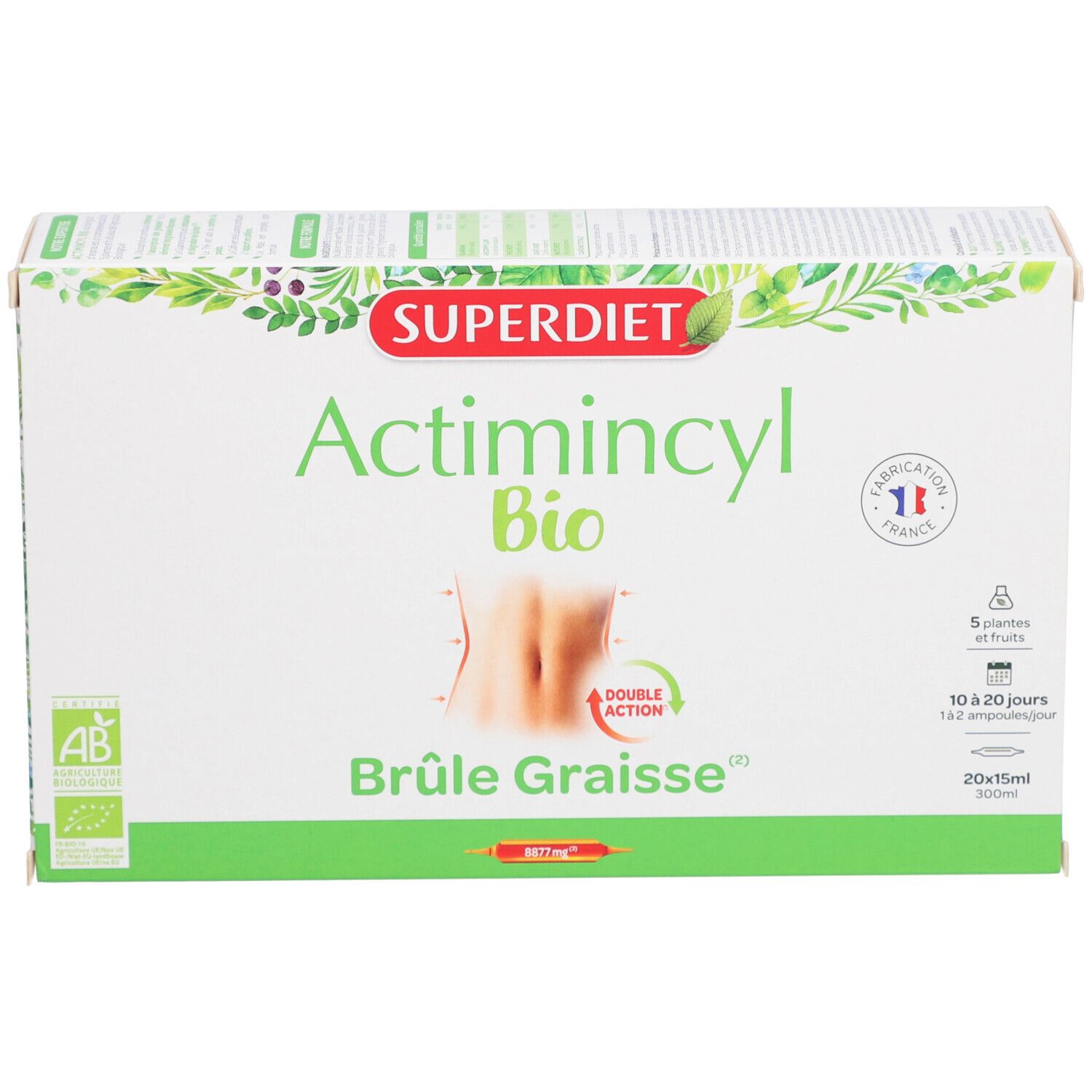 Boîte ACTIMINCYL BIO. Inscriptions: SUPERDIET, Actimincyl Bio, Brûle Graisse. Label bio et drapeau français.