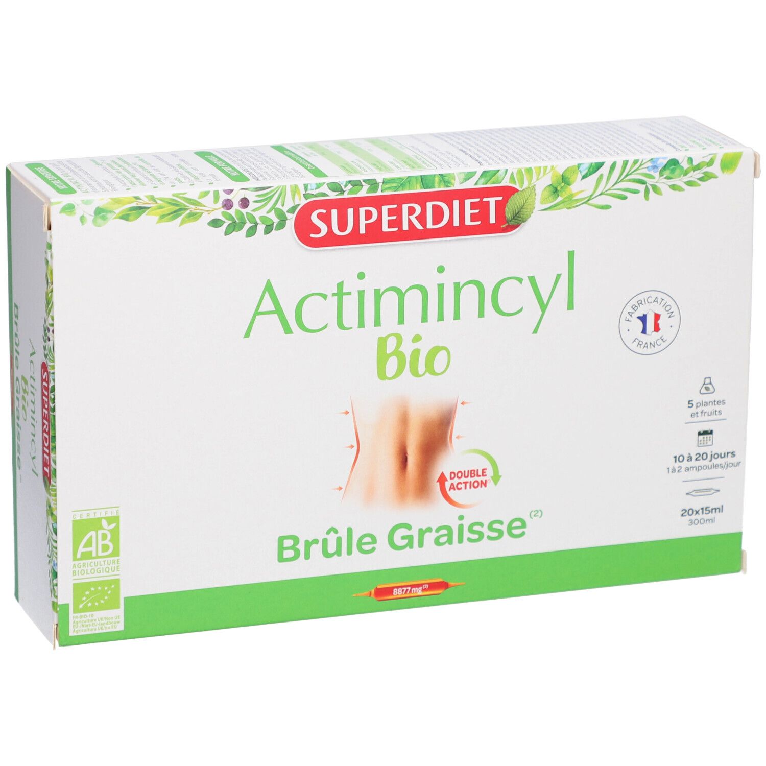 Boîte ACTIMINCYL BIO. Inscriptions: SUPERDIET, Actimincyl Bio, Brûle Graisse. Label bio et drapeau français.