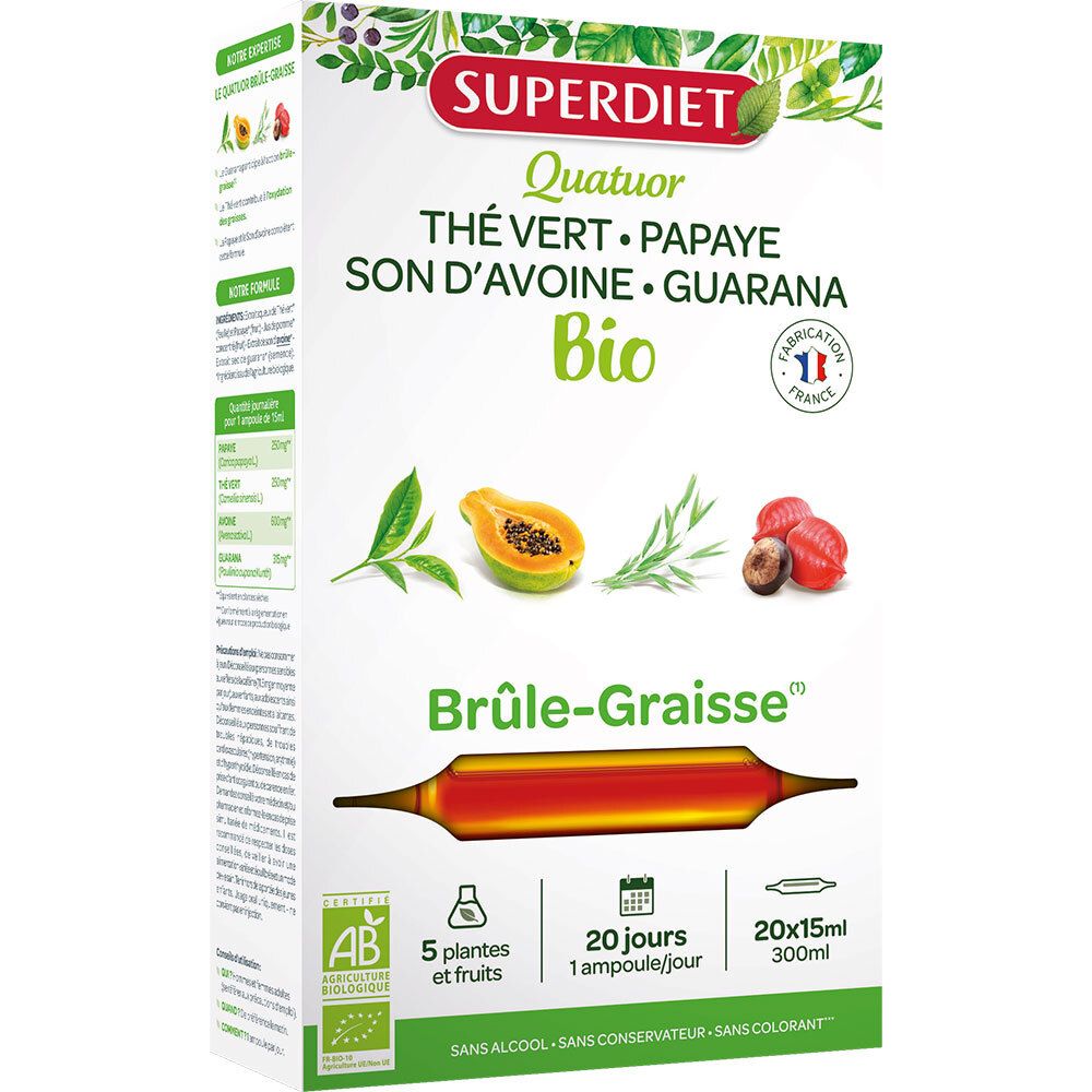 SUPERDIET Bio-Quartett Brûle-Graisse. Boîte avec ampoules. Contient thé, papaye, avoine et guarana. Certification Bio.
