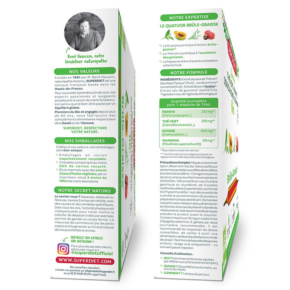 SUPERDIET Bio-Quartett Brûle-Graisse. Boîte avec informations. Contient ingrédients, dosage et conseils d'utilisation.
