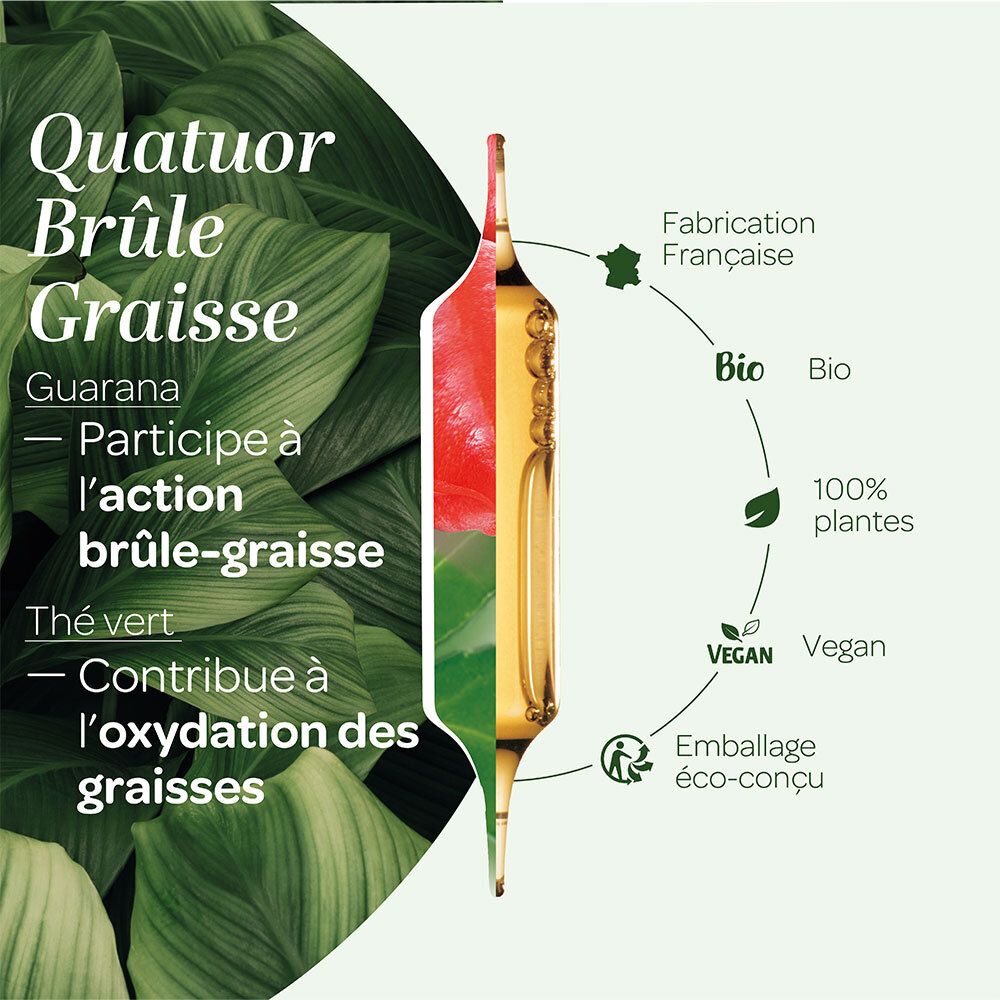 SUPERDIET Bio-Quartett Brûle-Graisse. Graphique avec ingrédients et certifications. Contient guarana, thé vert et logo Vegan.