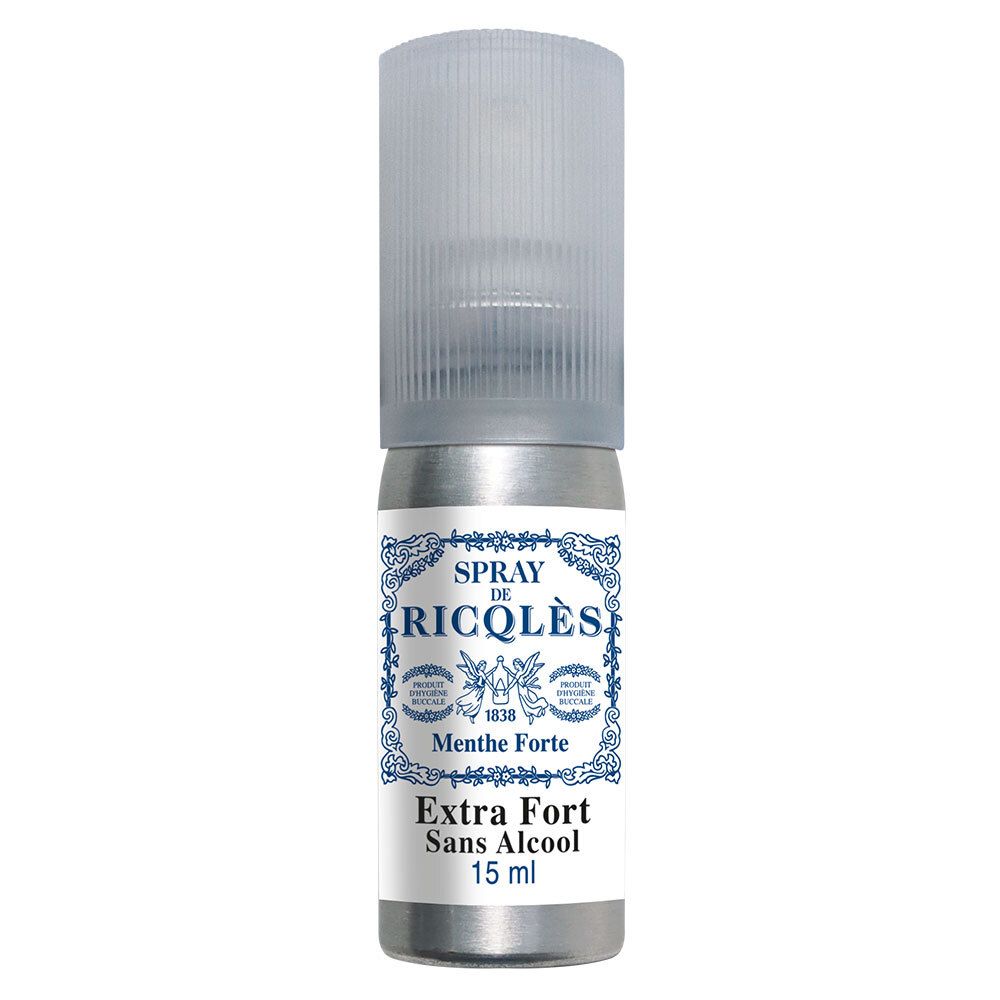 Silberne Sprühflasche mit blauem Etikett. Aufschrift: Spray de Ricqlès, Menthe Forte, Extra Fort, Sans Alcool, 15 ml. Transparente Kappe.