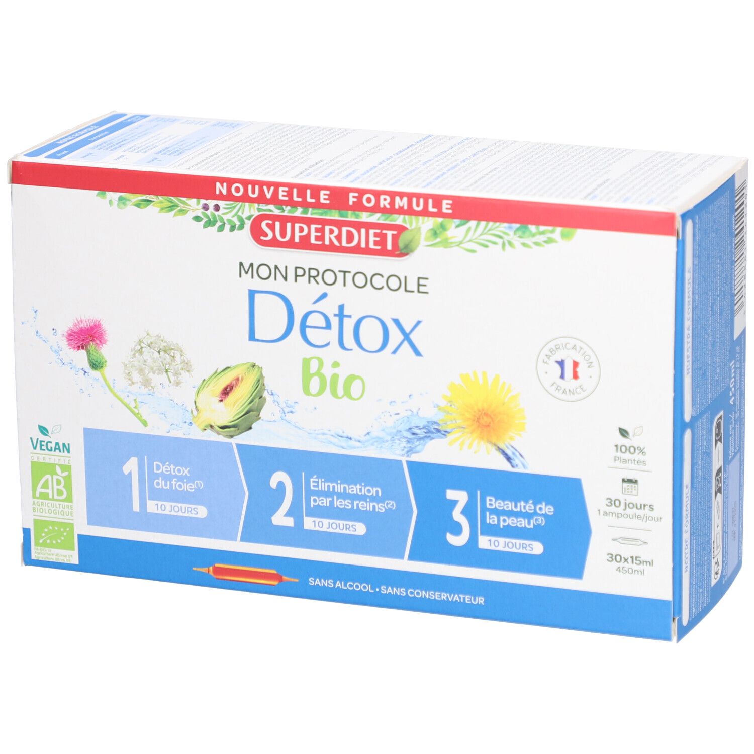 Boîte Superdiet Mon Protocole Détox Bio. Ingrédients végétaux, 3 étapes. Labels: Vegan, AB. Format 30x15cm.
