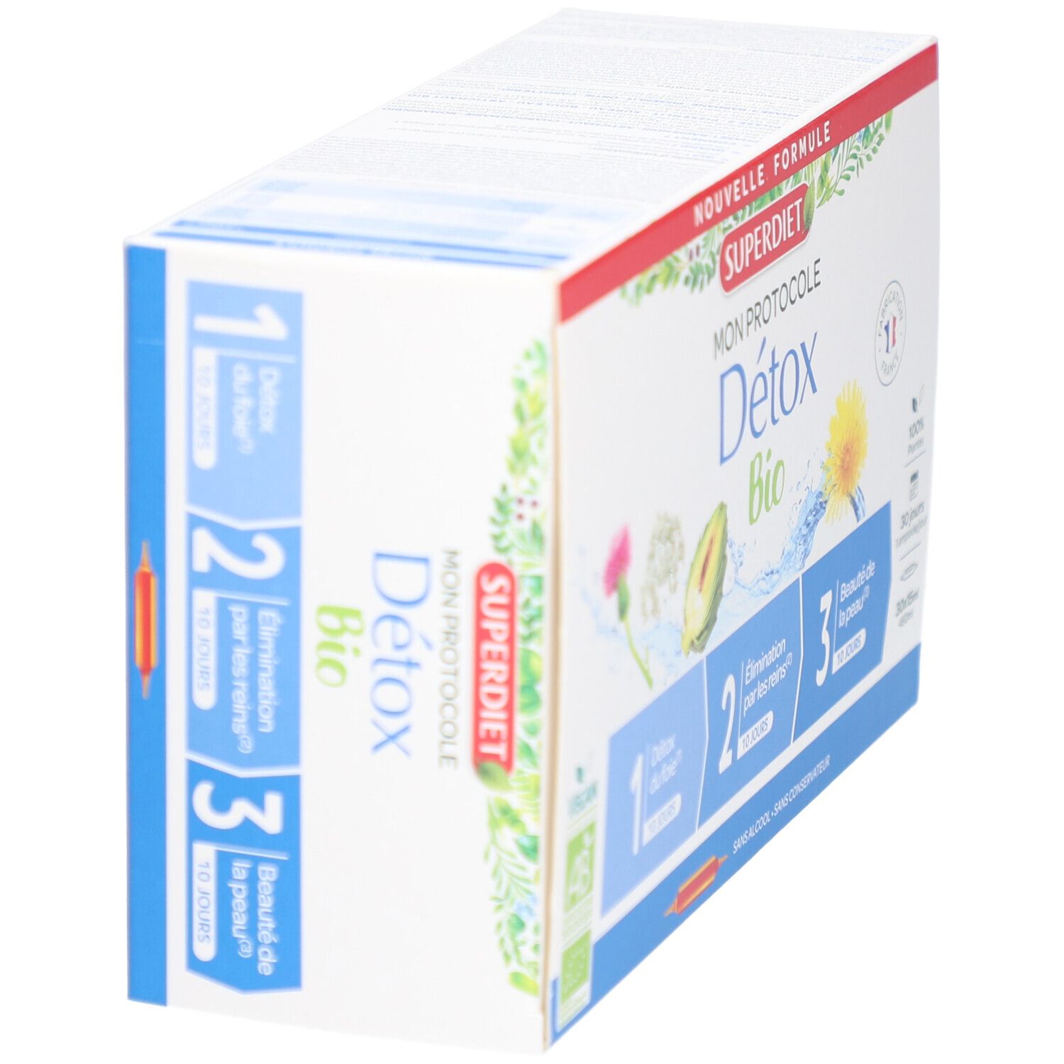 Vue oblique de la boîte Superdiet Détox Bio. 3 étapes, ingrédients végétaux. Labels: Vegan, AB. Sans alcool.
