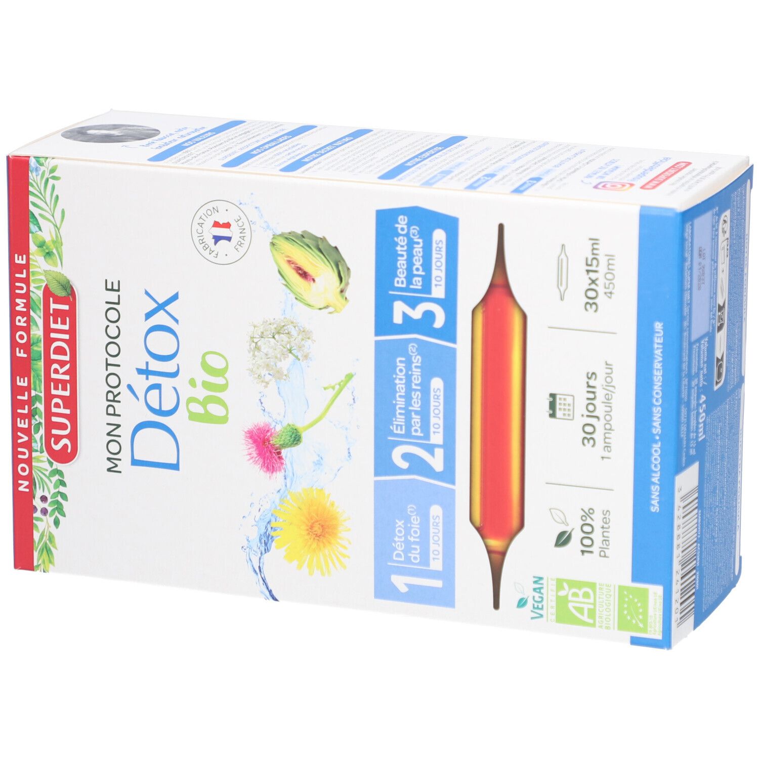 Boîte Superdiet Détox Bio avec ampoules. 3 étapes, ingrédients végétaux. Labels: Vegan, AB. Sans alcool.