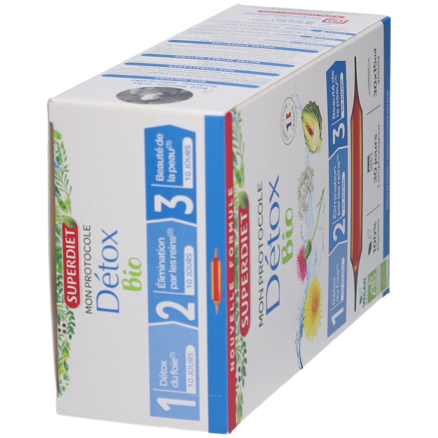 Vue oblique de la boîte Superdiet Détox Bio. 3 étapes, ingrédients végétaux. Labels: Vegan, AB. Sans alcool.