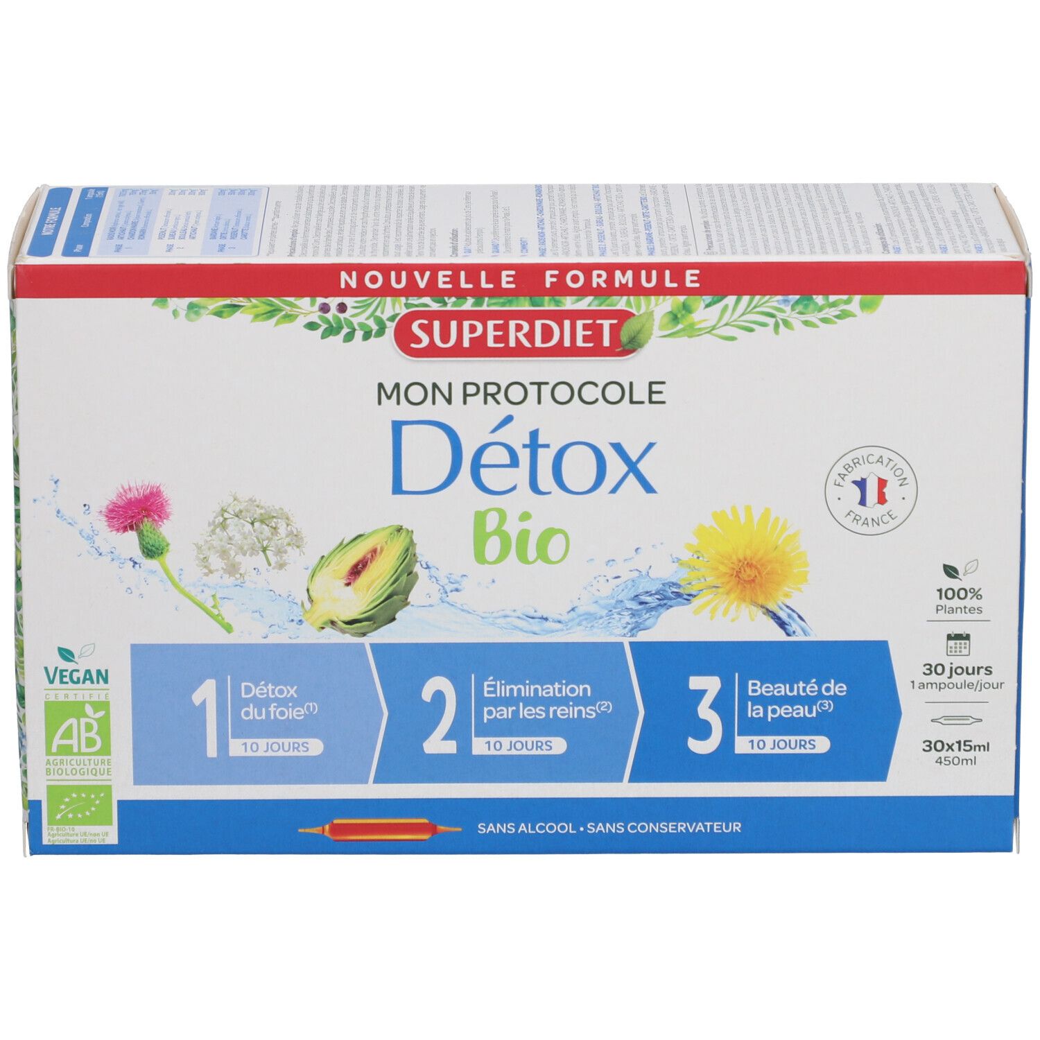 Boîte Superdiet Mon Protocole Détox Bio. 3 étapes, ingrédients végétaux. Labels: Vegan, AB. Format 30x15cm.