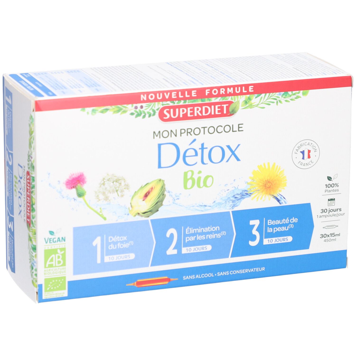 Boîte Superdiet Mon Protocole Détox Bio. 3 étapes, ingrédients végétaux. Labels: Vegan, AB. Format 30x15cm.
