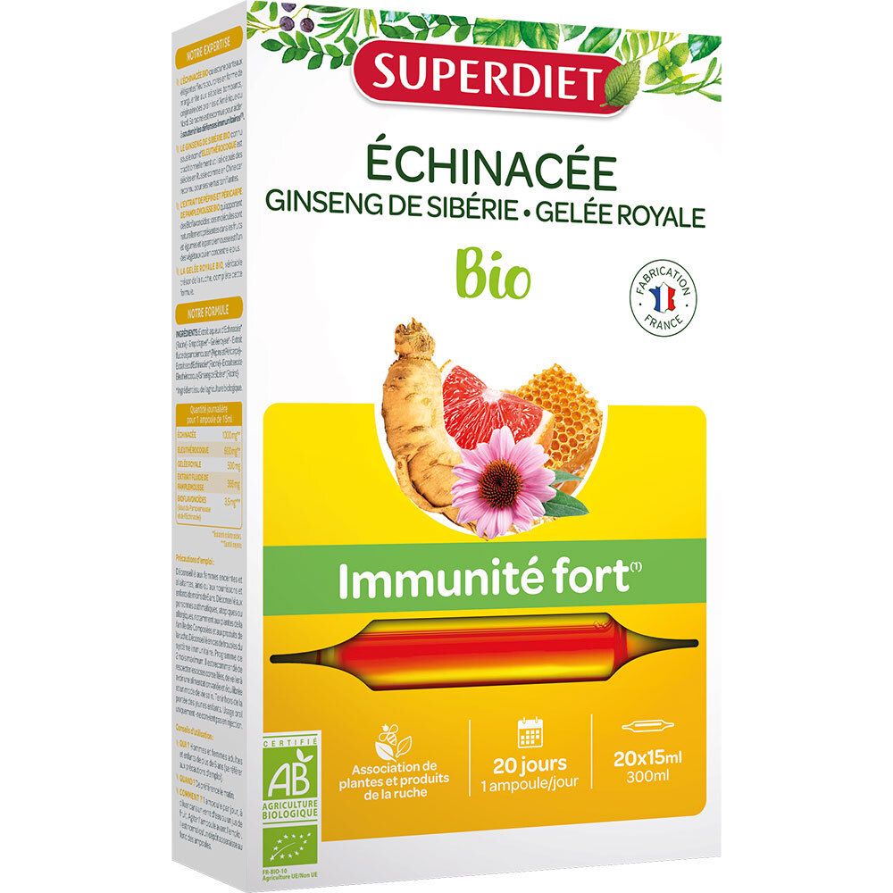 Boîte SUPERDIET Échinacée Ginseng Gelée Royale Bio. Illustration de plantes, miel et ampoule. Label AB.