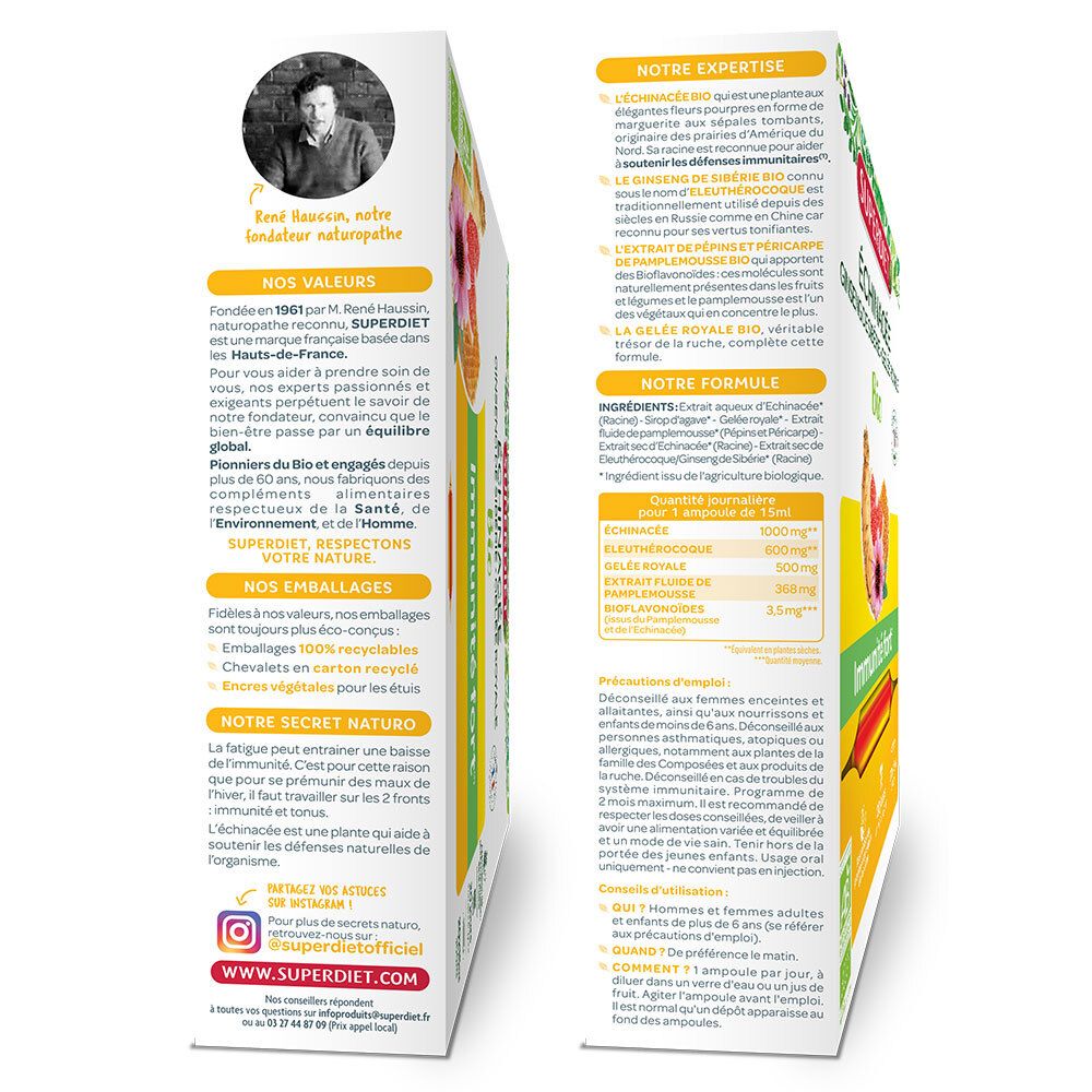Dos et côté de la boîte SUPERDIET Échinacée Ginseng Gelée Royale Bio. Texte et liste d'ingrédients.