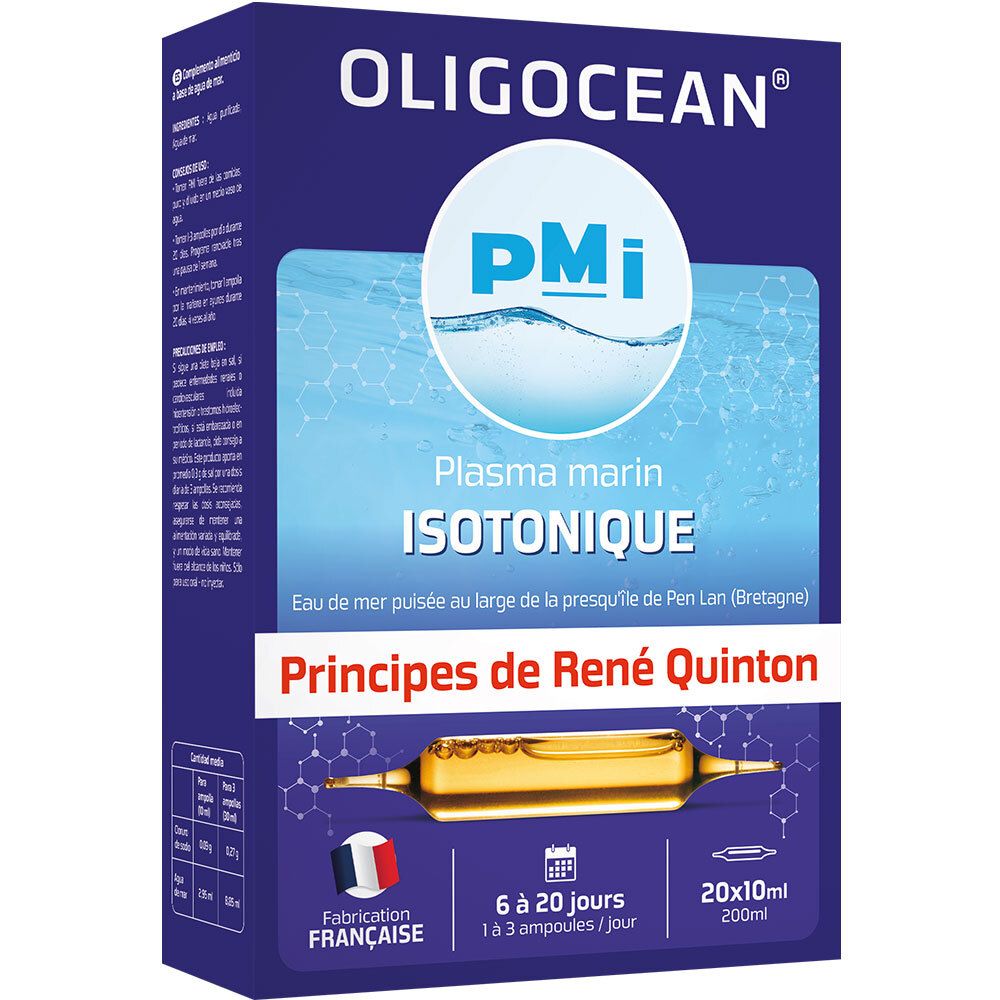 Blau-weiße Schachtel mit OLIGOCEAN® PMI Isotonisches Meeresplasma. Enthält 20 Ampullen. Französische Herstellung.