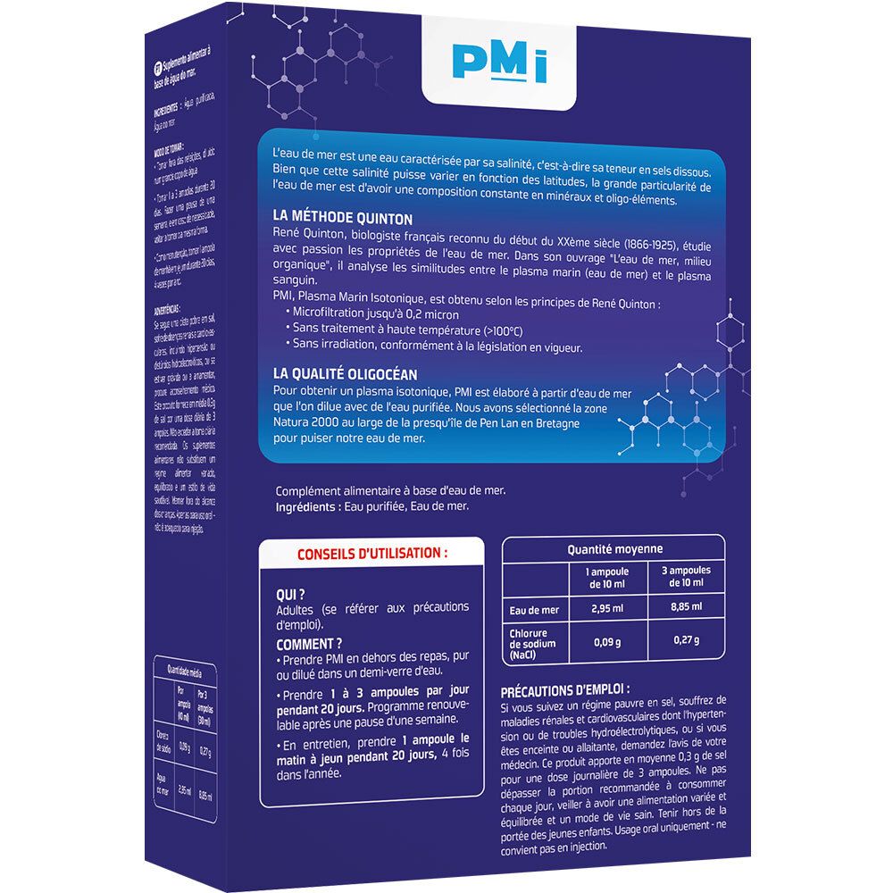 Rückseite der Schachtel mit Informationen zu OLIGOCEAN® PMI Isotonisches Meeresplasma. Text in französischer Sprache.