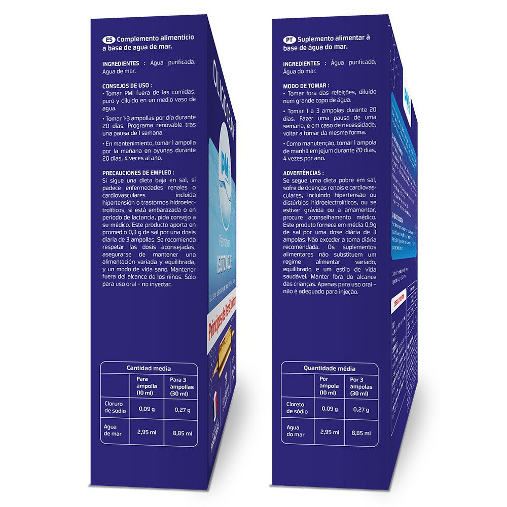 Zwei Seiten der Schachtel mit Informationen zu OLIGOCEAN® PMI Isotonisches Meeresplasma. Text in französischer Sprache.
