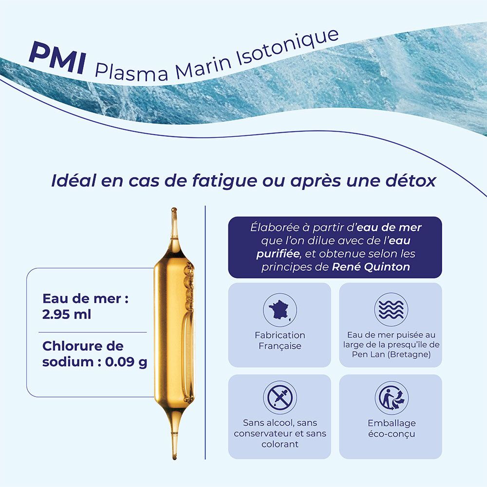 Ampulle mit OLIGOCEAN® PMI Isotonisches Meeresplasma. Enthält 2,95 ml Meerwasser und 0,09 g Natriumchlorid.