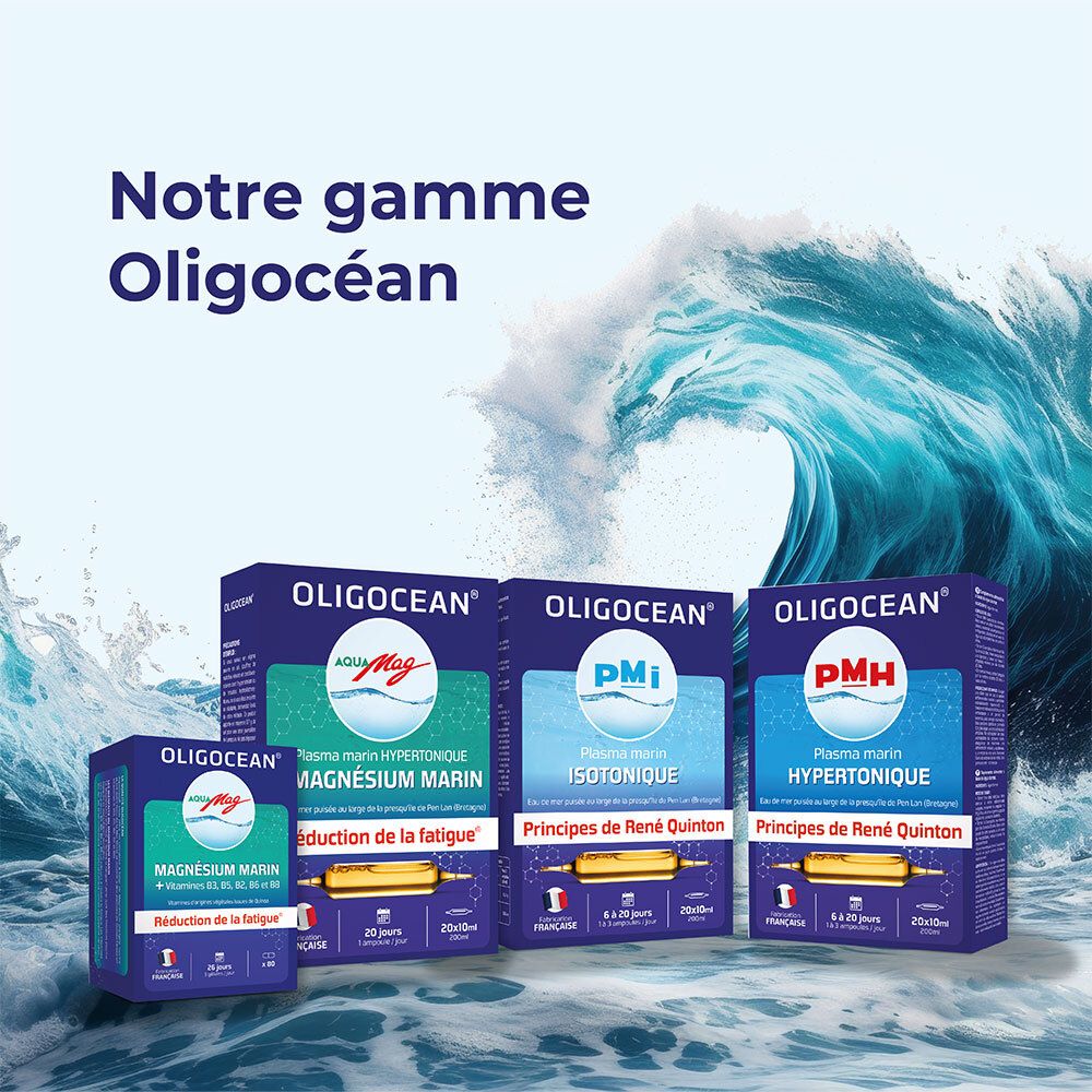 Verschiedene Produkte der Marke Oligocean®. Aqua Mag, PMI Isotonique, PMH Hypertonique und Magnesium Marin.