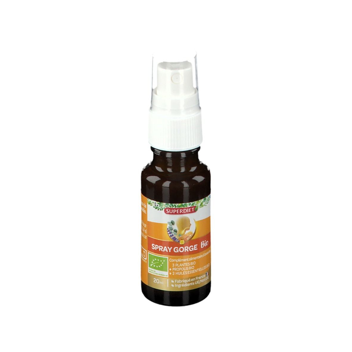 Flacon en verre brun avec vaporisateur blanc. Étiquette avec nom du produit et label bio. 20ml.