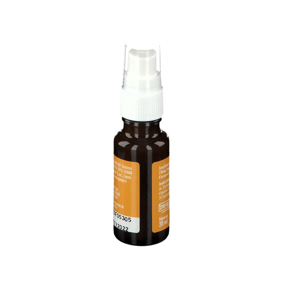 Flacon en verre brun avec vaporisateur blanc. Étiquette avec informations produit et numéro de lot. 20ml.