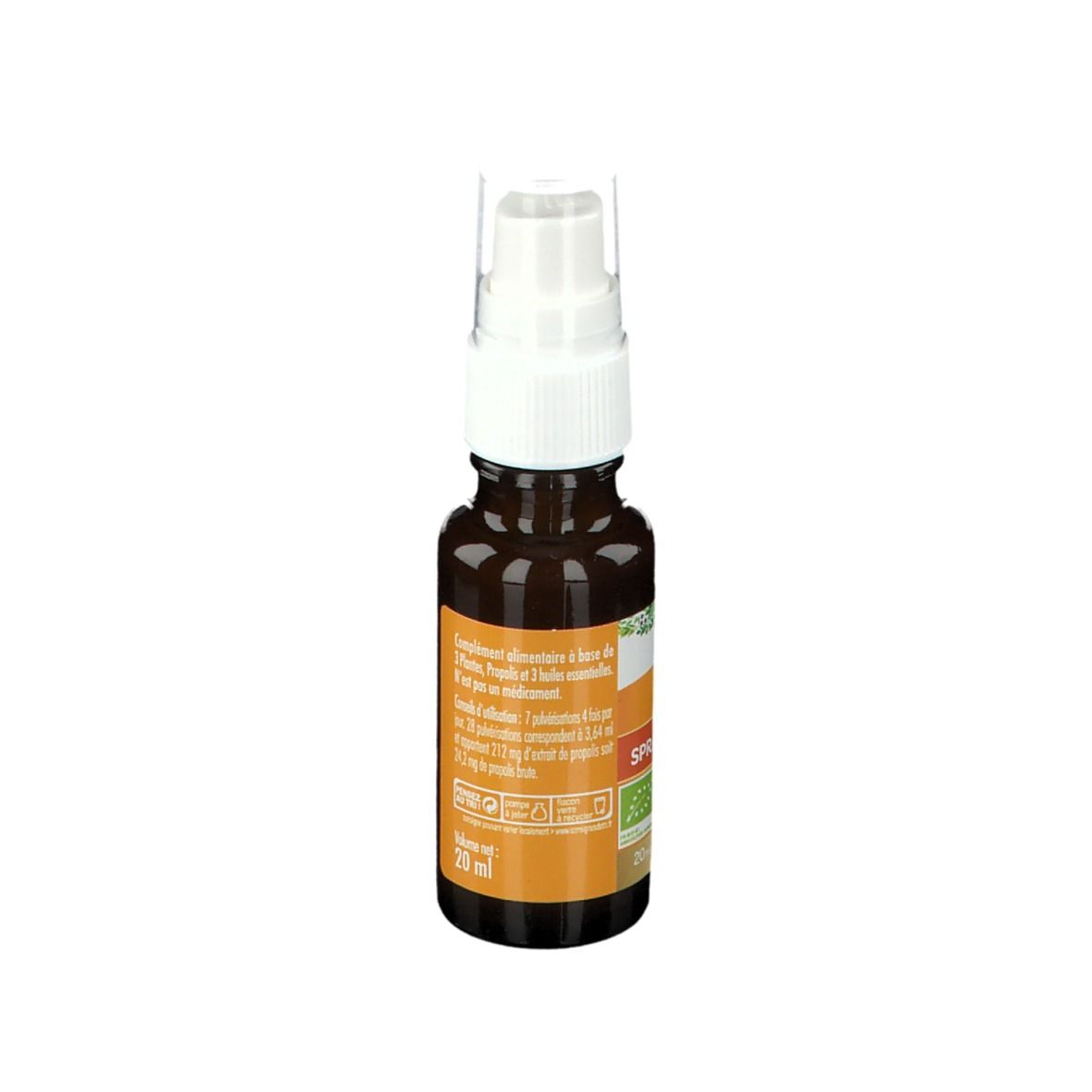 Flacon en verre brun avec vaporisateur blanc. Étiquette avec informations produit. 20ml.